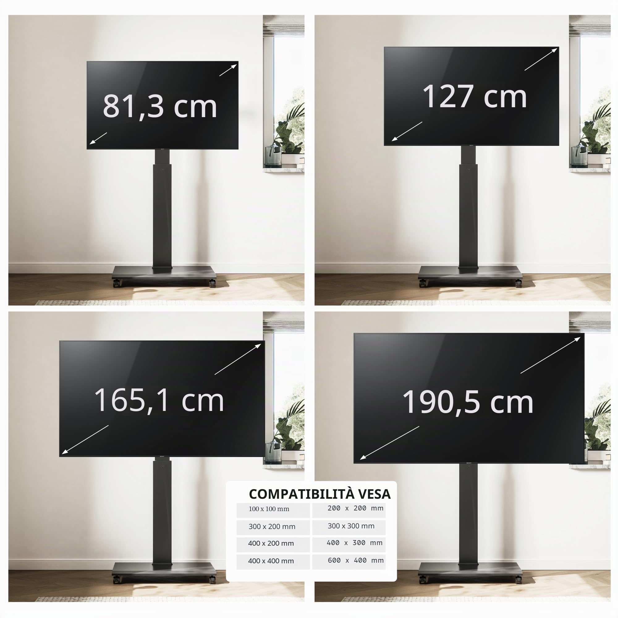 FITUEYES Carrello Porta TV con Ruote per 32-75 Pollici, Orizzontale e Verticale Supporto TV da Pavimento e Metallo Base, 40° Girevole & 7 Altezza Porta TV da Terra Max VESA 600x400mm Portata 40kg