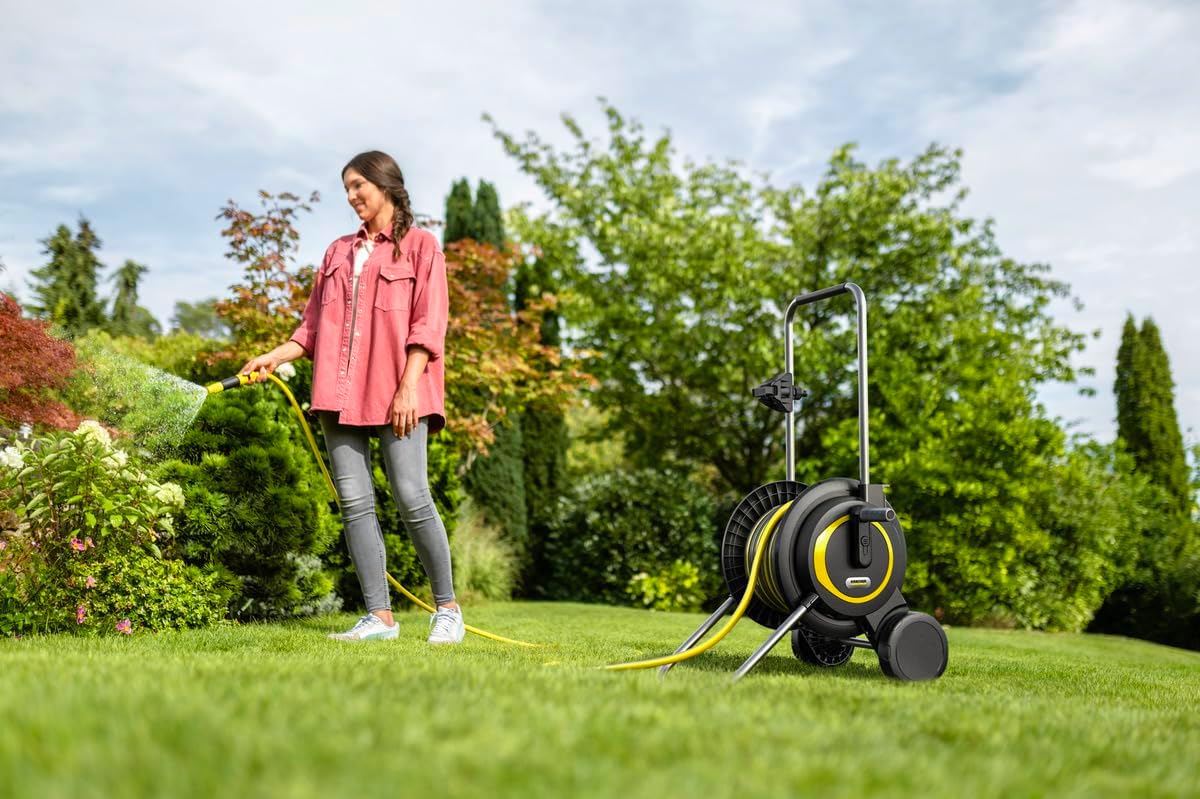 Kärcher HT 3.20 Compact and Movable Hose Trolley with Extra Wide Base, Height-Adjustable Handle, Includes Syringe Holder, 20 m Kärcher Hose and Watering Accessories, Black