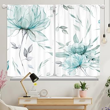 Teal Grey Watercolor Floral Kitchen Curtains, Flower Leaves Minimalist Aesthetic Art Small Short Cafe Window Curtains Over Sink Dining Room Decor Rod Pocket Drapes Tier Curtains 2 Panels 36x28
