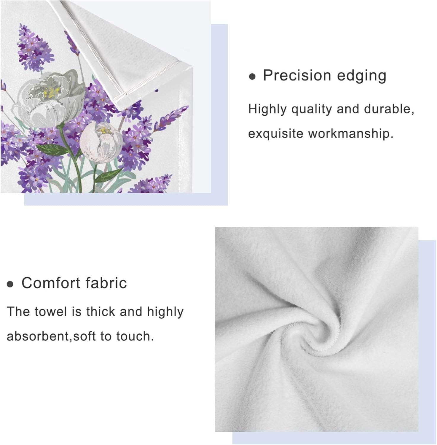 Naanle 3-Piece Towel Set,Purple Lavender White Peony Flower Nature Floral Bath Towel Sets, 1 Bath Towel, 1 Hand Towel, 1 Washcloth, Absorbent Soft Towels Quick Drying for Bathroom