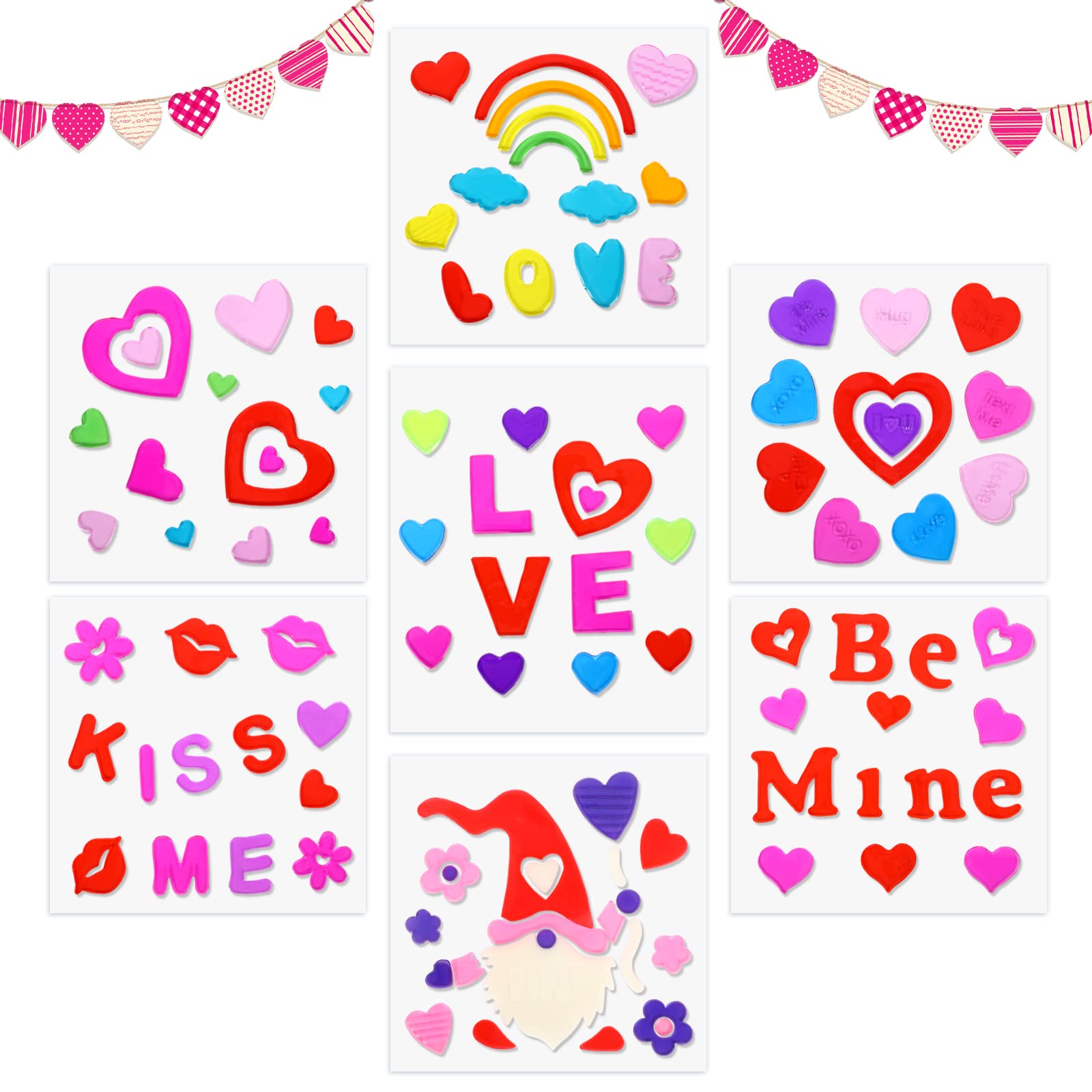 Autocollants gel Saint-Valentin Whaline : 7 feuilles de stickers cœurs et nains pour fenêtre