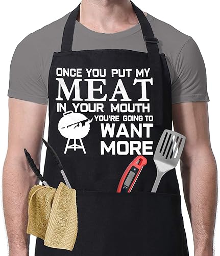 Divertido delantal de parrilla para hombres, Once You Put My Meat - Talla única para todos - Delantal de cocina de chef con tres bolsillos grandes disponible en Yaxa El Salvador