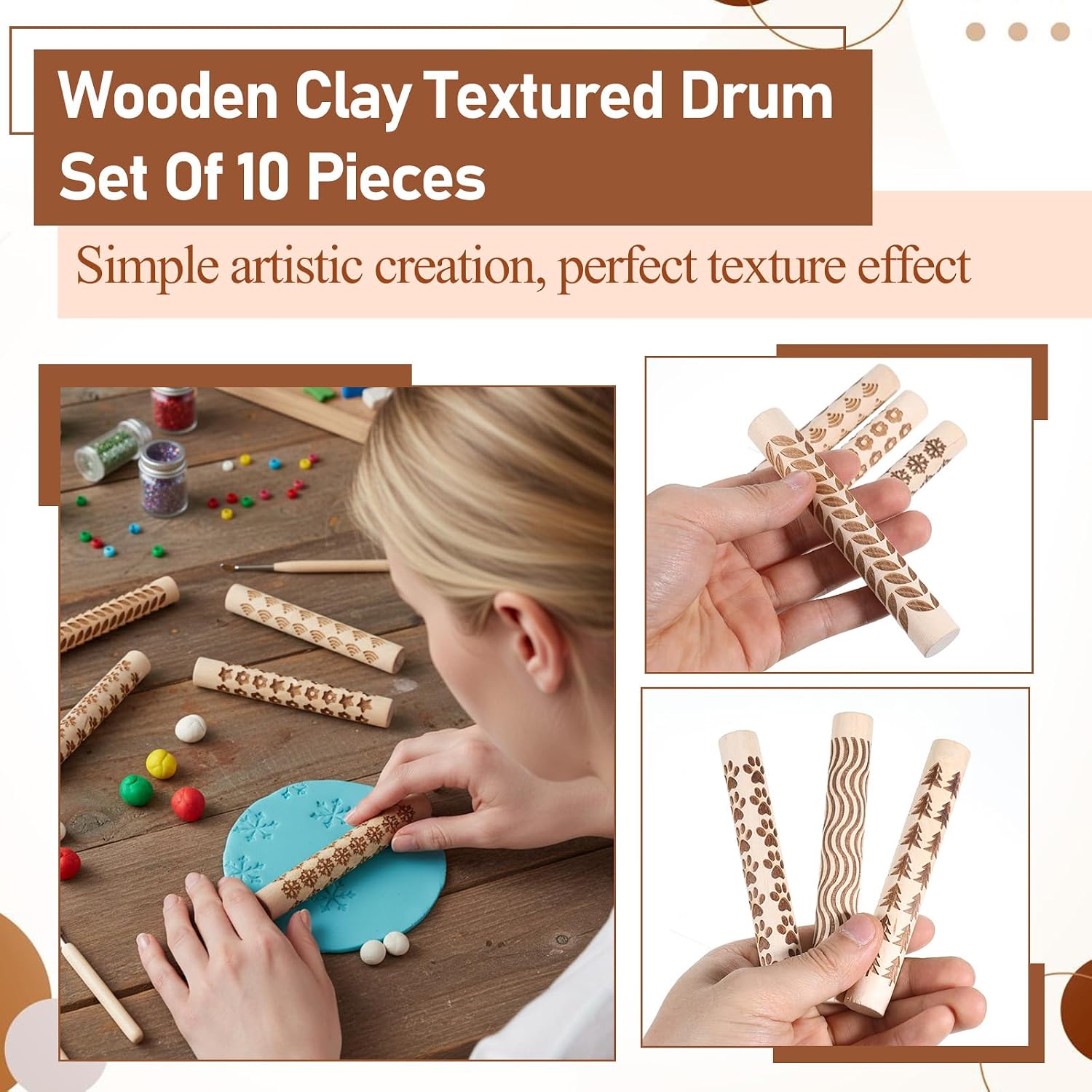 10 Styles Clay Texture Roller Bulk 4.3 X 0.6" 3D-Printed Clay Pottery Tools | Wooden Pottery Stamp Natural Color Handmade Potterys Tools and Supplies for DIY Handicrafts