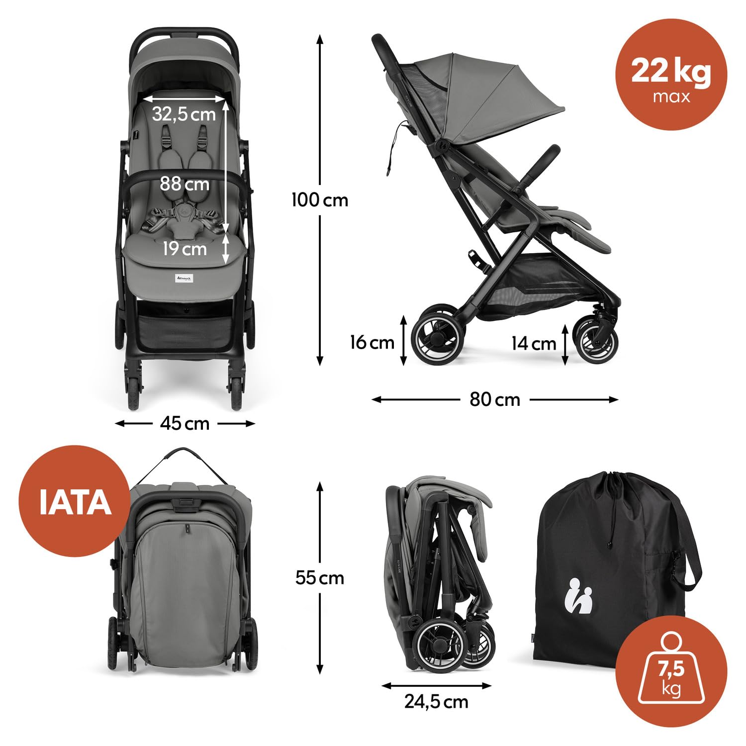 hauck Fly N Care Passeggino da Viaggio Ultracompatto e Leggero con Borsa di Trasporto e Adattatori Ovetto, Pieghevole con Una Mano, Schienale Reclinabile dalla Nascita a 22 kg, UPF 50+