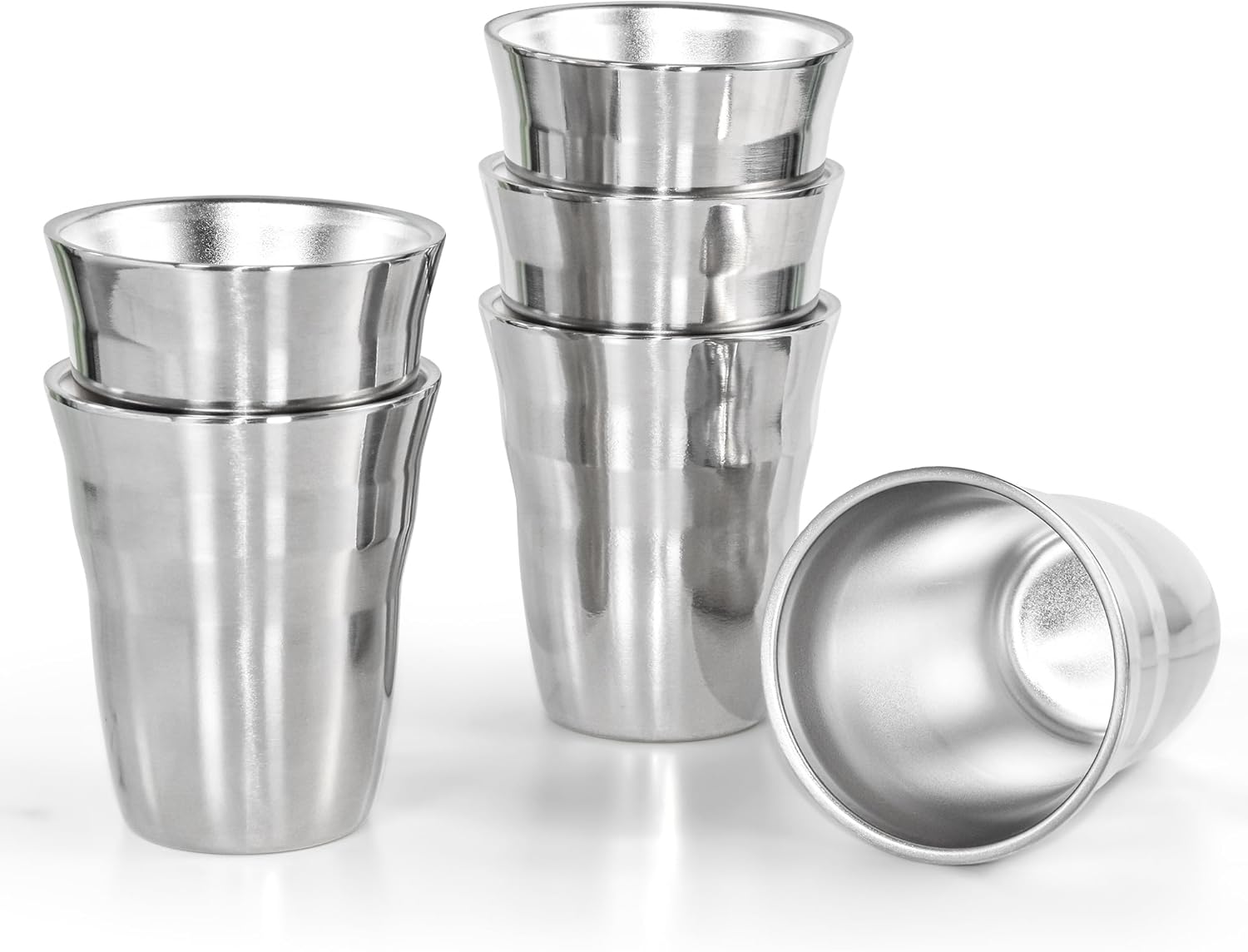 AGH 6 Pack Stainless Steel Cups for Kids, Metal Cups 9 oz Double Layer Insulated Pint Cup, Camping Tumbler Reusable Stackable Cup for Party Outdoor (Bright Silver)