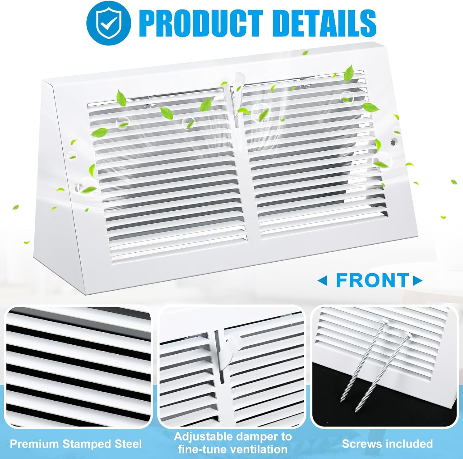 2 Pcs Baseboard Vent Covers with Damper Duct Opening: 12 x 6 Inches Duct Opening Size Steel Triangular Baseboard Return Air Grille with Damper Air Register Vent Cover Grill Diffuser Outer