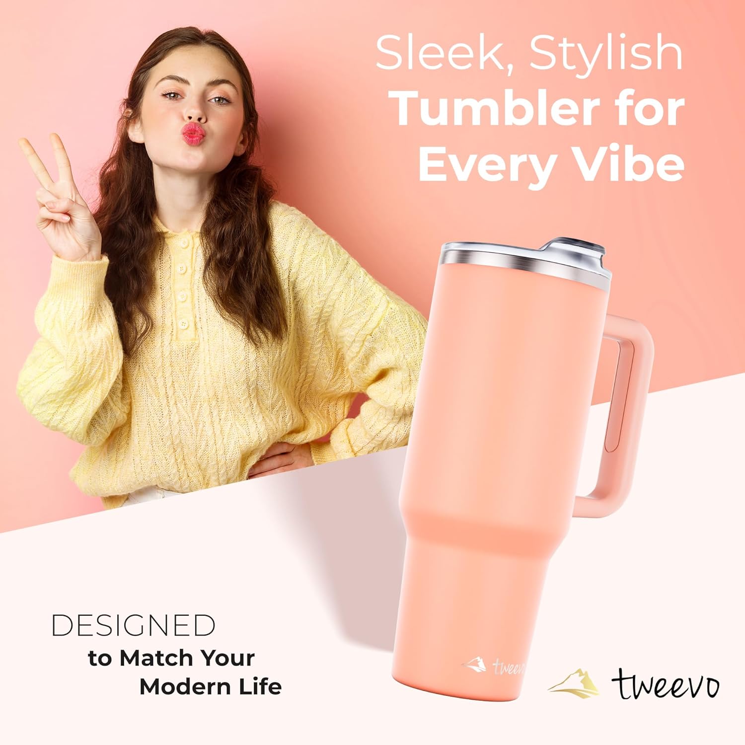 40 oz Tumbler With Handle and Straw Made of Stainless Steel - Double Wall Vacuum Insulated Tumbler With Lid - Sweat Proof Easy Grip, BPA-Free, Dishwasher Safe Tumbler (Peach) - Image 9