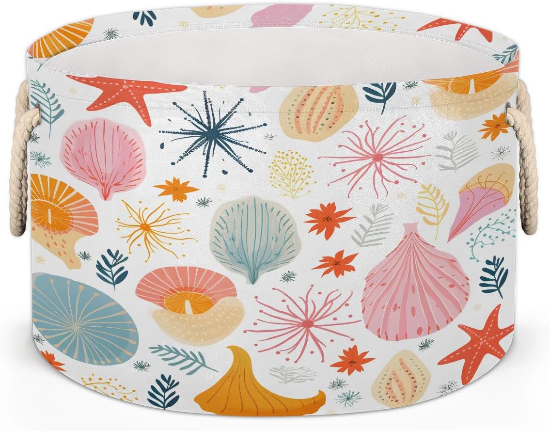 Colorful Shells Ocean Storage Basket Collapsible Storage Bins with Handle Organizer Clothes Laundry Hamper Kids Blanket Baby Nursery Gift Basket for Bathroom Bedroom Decor