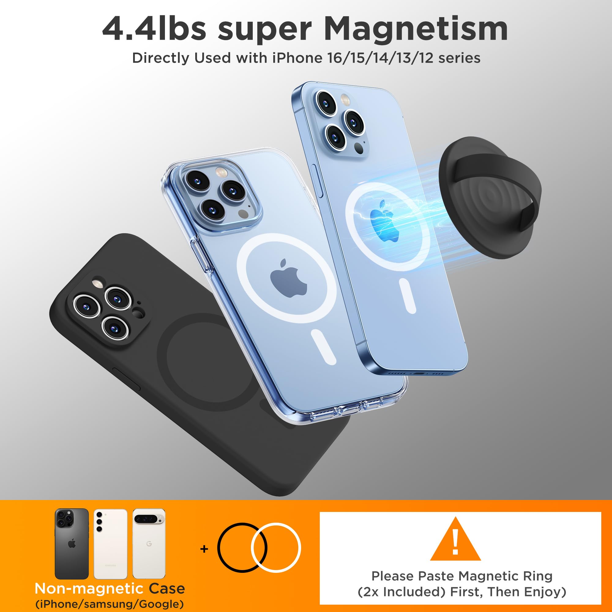 Agarre magnético mejorado para teléfono, silicona líquida suave y portátil, soporte extraíble para iPhone, fuerte atracción magnética, compatible con funda MagSafe, color negro