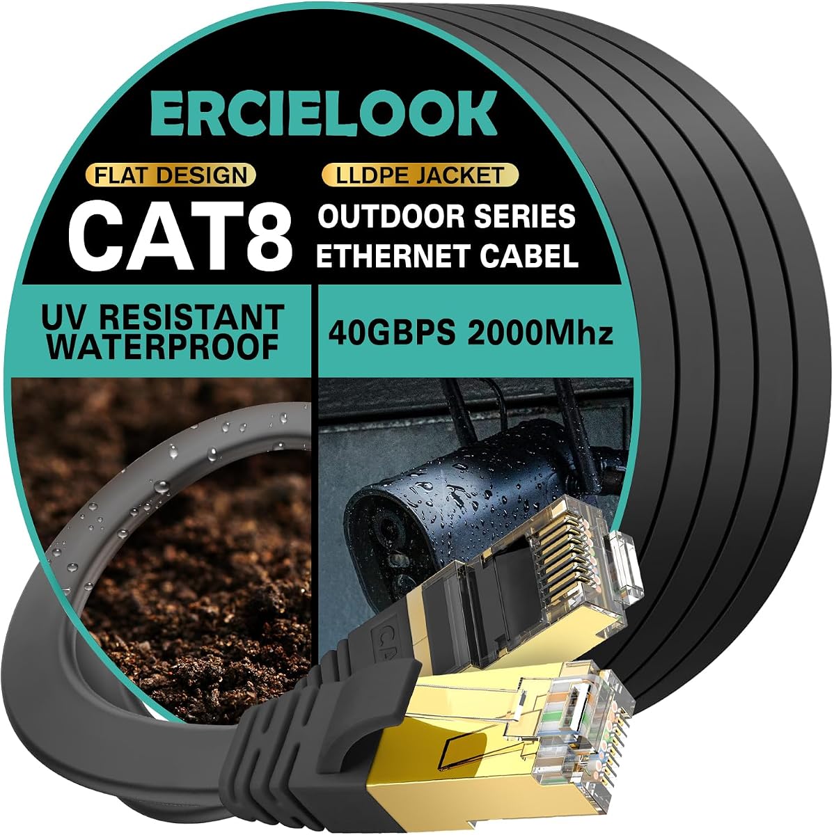 CAT8 Ethernet Cable 100 ft, 40Gbps High Speed Ethernet Cable | 2000MHz,Flat FTP Shielded 100 ft Ethernet Cable with Clips. Weatherproof & UV Resistant for Gaming, Home Office, Streaming