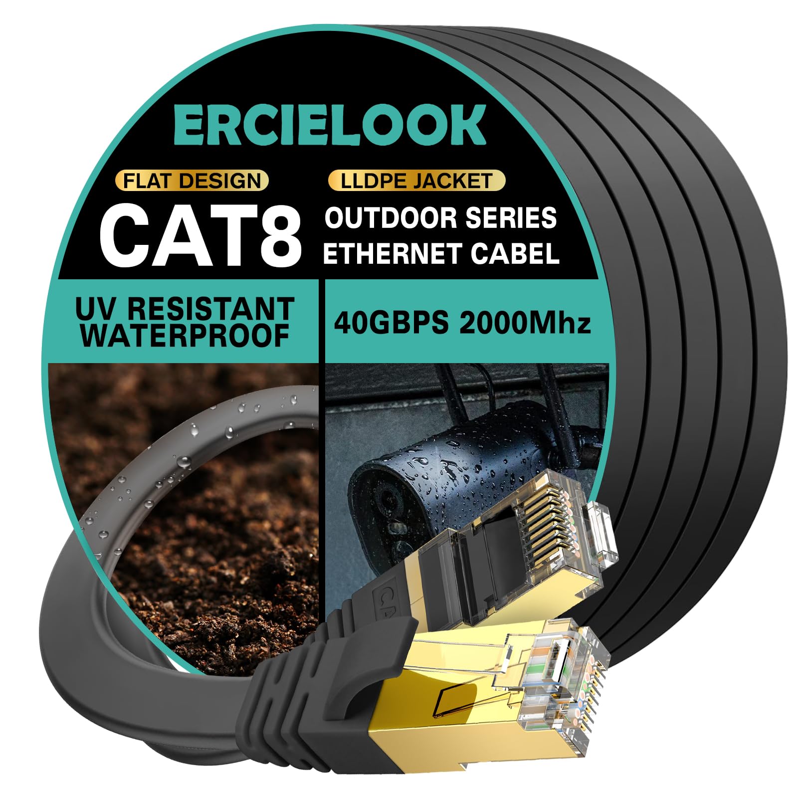Ercielook CAT8 Ethernet Cable 150 ft High Speed, Shielded Flat Internet Cable with Clips, Weatherproof S/FTP UV Resistant for Router/Gaming/Modem -