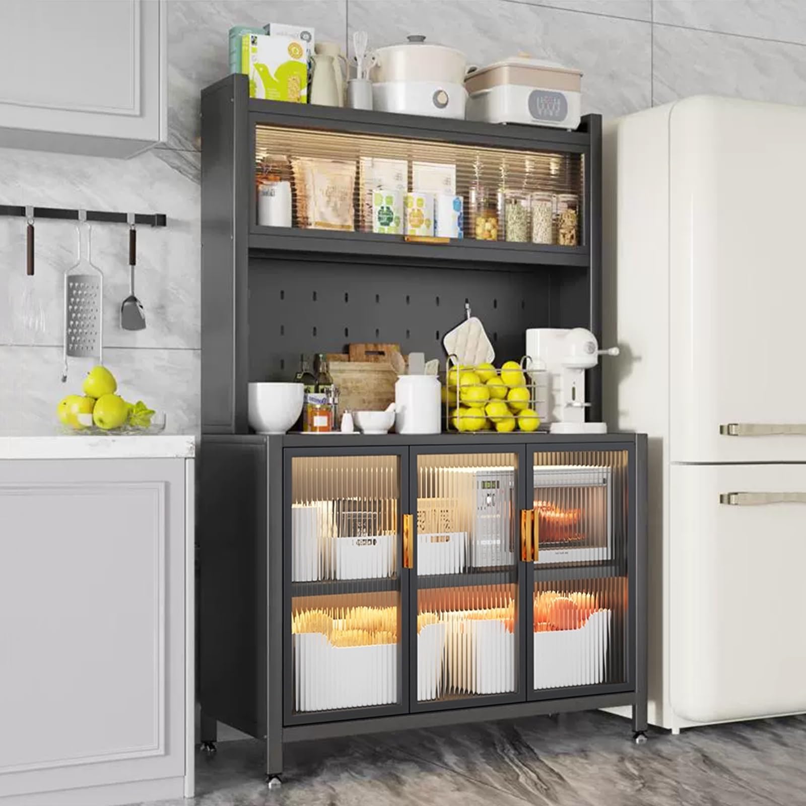 Moderno estante de 5 niveles para panadería, barra de café con soporte de almacenamiento para microondas, estante de cocina para el hogar, fuerte capacidad de carga, color negro, 120 cm