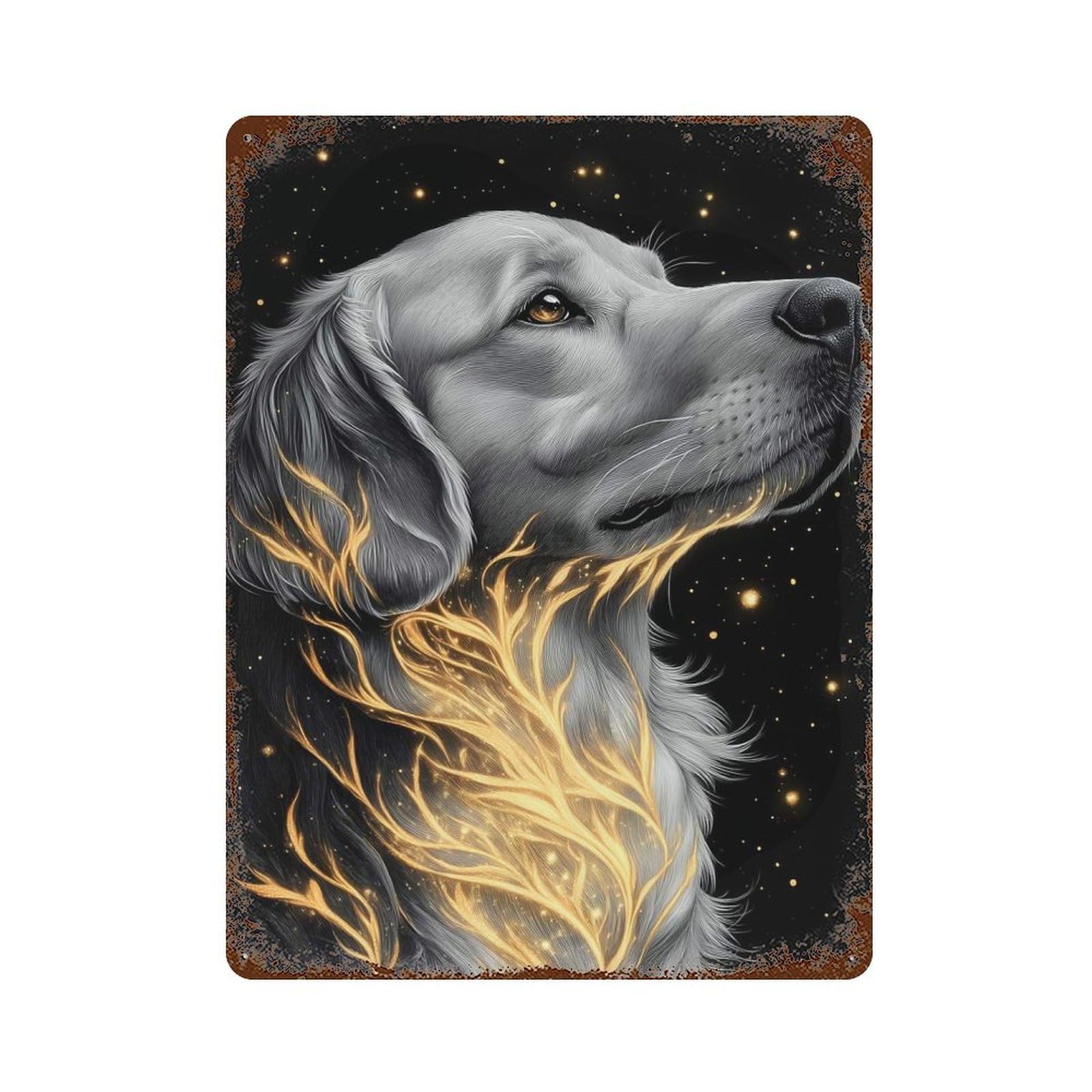Distressed Metal Wall Sign Golden Retriever with Glowing Vines 15.7"x11.8", Retro Wall Decor for Basement, Hobby Room And Garage Decor