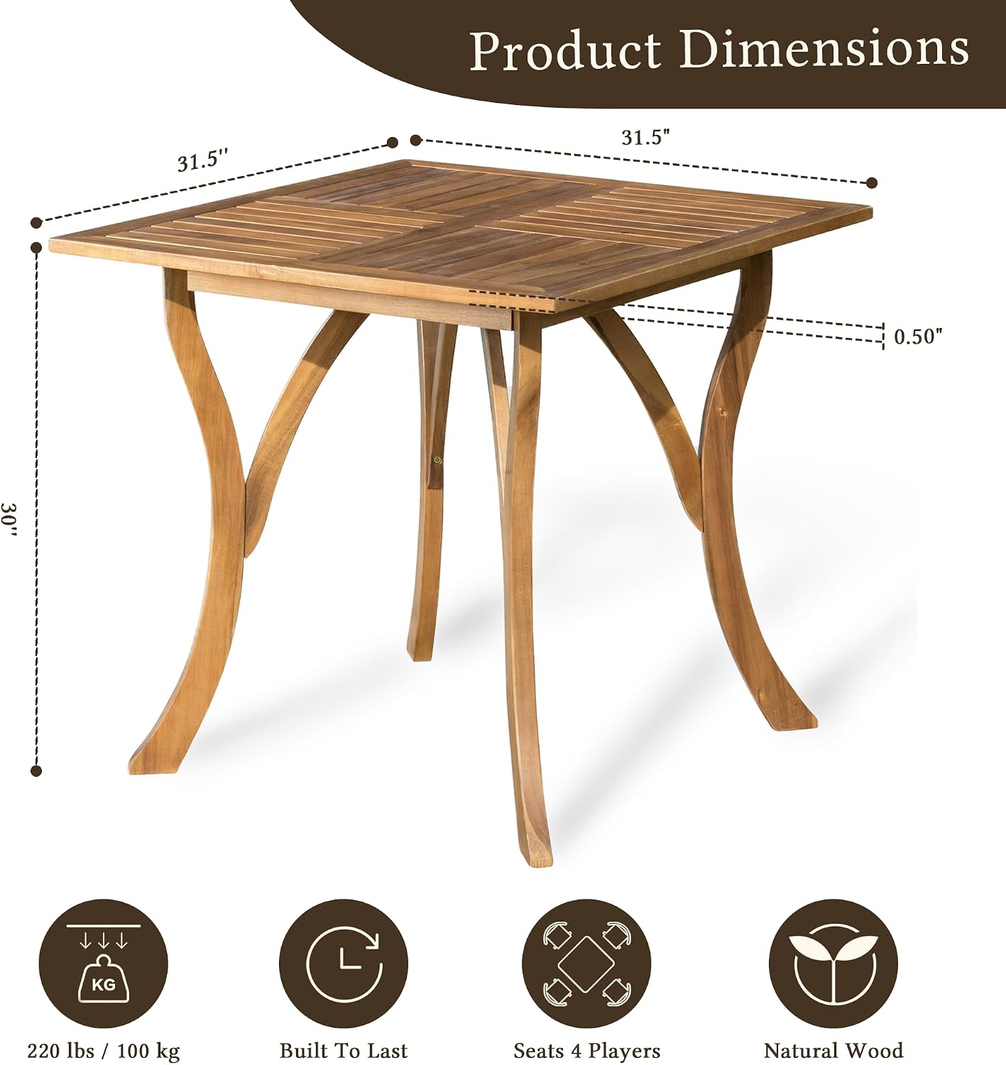 31.5 × 31.5 inch Acacia Wood Square Dining Table for Playing Mahjong, Game Table for 4, Multipurpose Card Table for Mahjong, Poker, Board Games