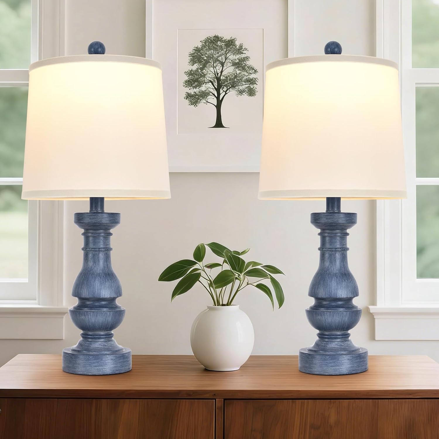 2 Pack Distressed Blue Resin Table Lamps, 22" Rustic Farmhouse Bedside Lamps with White Fabric Shades for Bedroom Living Room