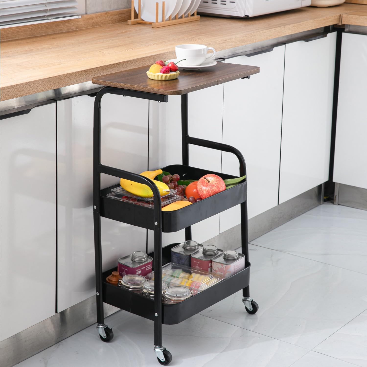3-Tier Metal Rolling Utility Cart with Wooden Tabletop, Mobile Storage Organizer with Lockable Wheels for Kitchen, Bathroom & Home