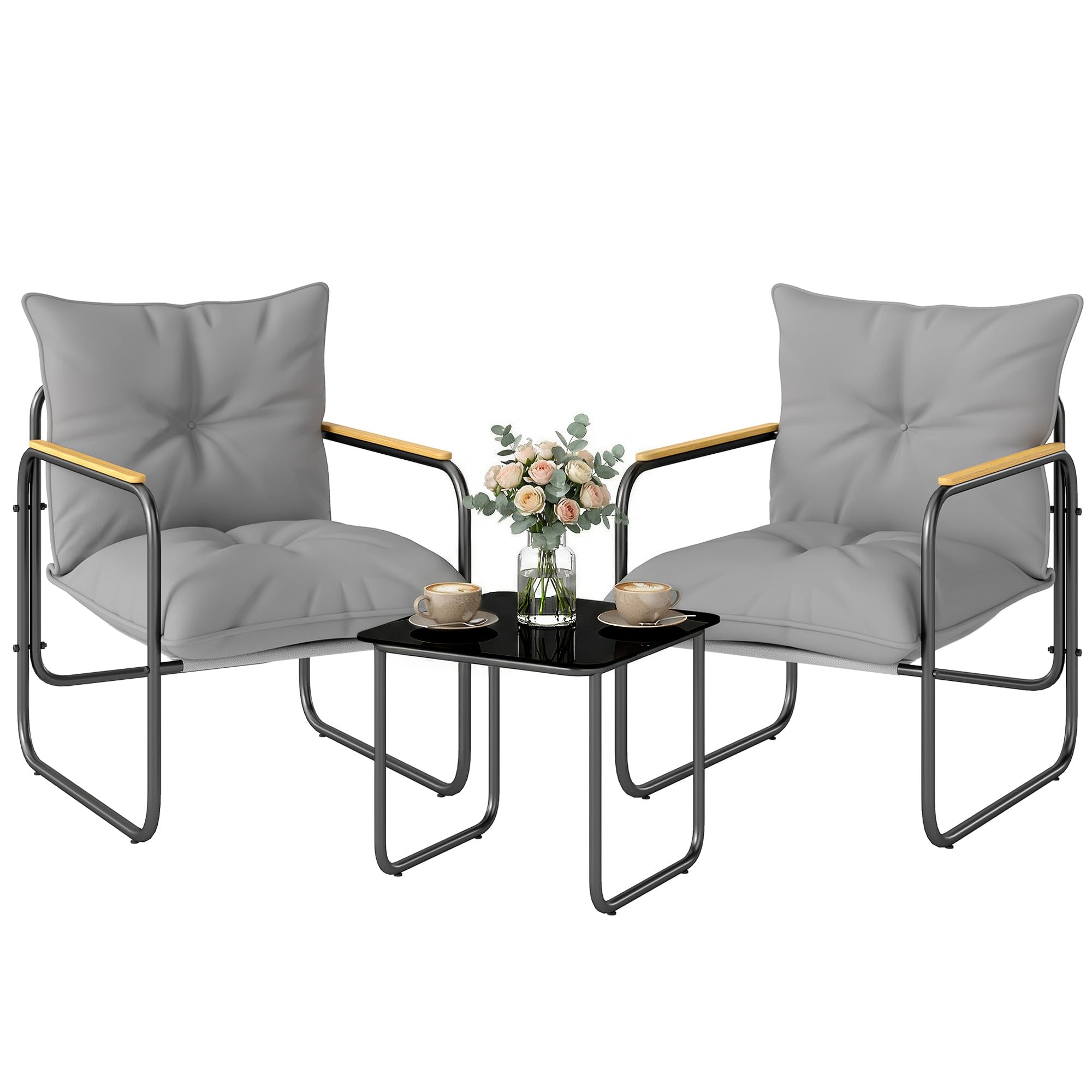 Outsunny Set da Bistrò 3 Pezzi, Set da Giardino in Metallo con 2 Sedie Texteline, Tavolo in Vetro, Cuscini Spessi, Grigio Scuro