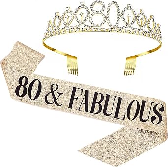 80th Birthday Sash and Tiara for Women, 80 & Fabulous Sash and Tiara Birthday Crown