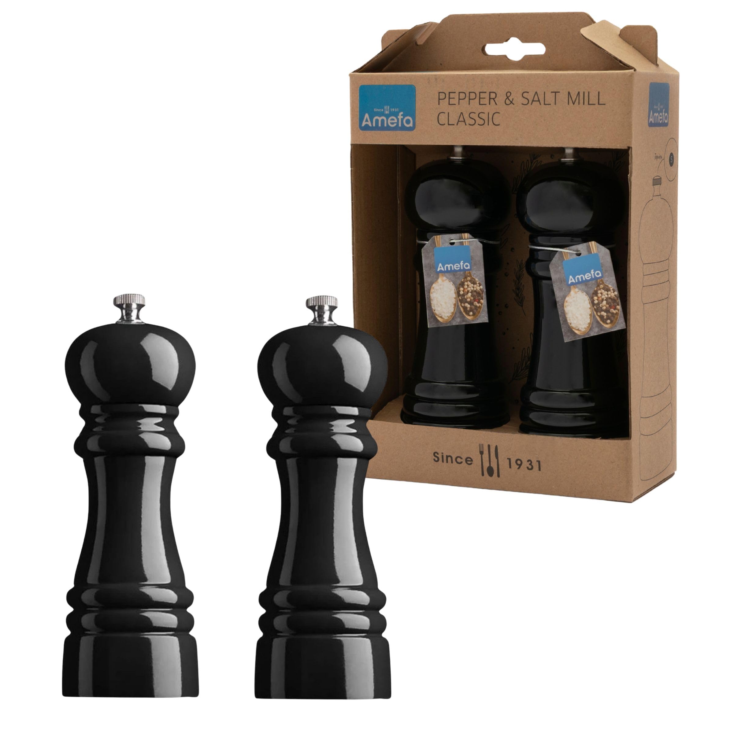 Amefa Salt & Pepper Mill Set of 2 | Black Rubberwood | Ceramic Grinder | Adjustable Coarseness | Refillable | Sustainable Alternative to Disposable Mills
