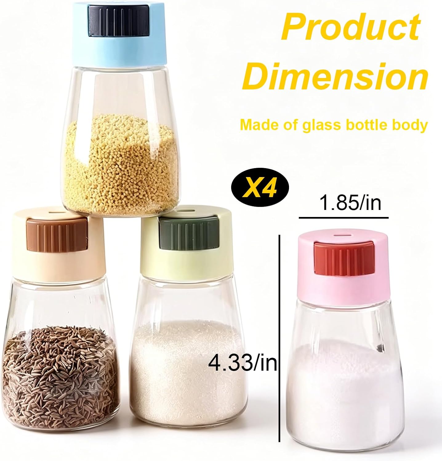 Glass Spice Shaker Bottles, 4 Pack, Clear, Adjustable Holes, Airtight, Moisture Proof, for Salt, Pepper, Sugar, 4 Colors