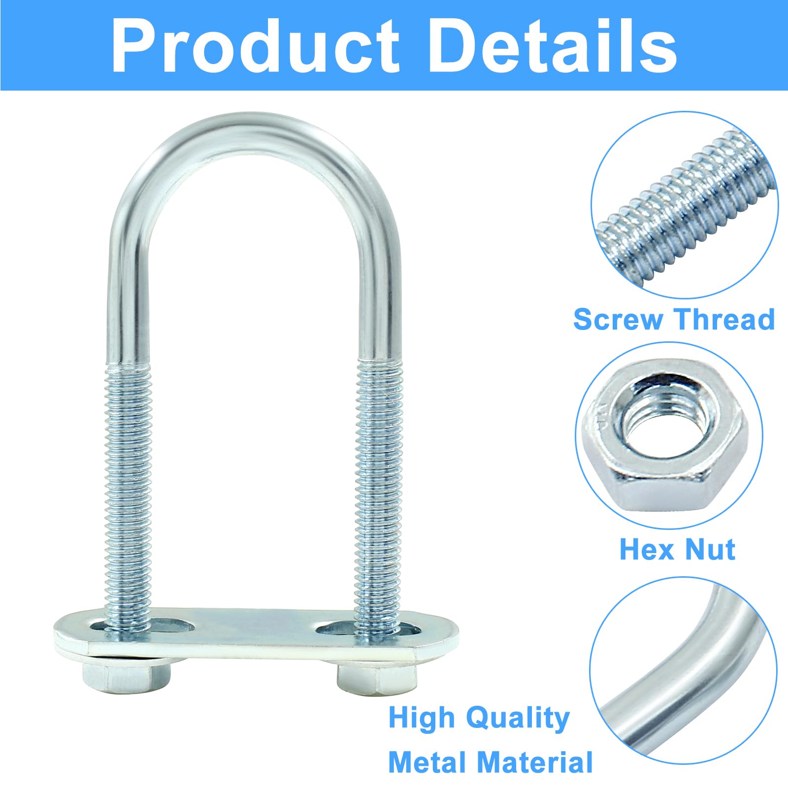 M6 U-Bolts - 4 Sets, Heavy-Duty Fasteners -3