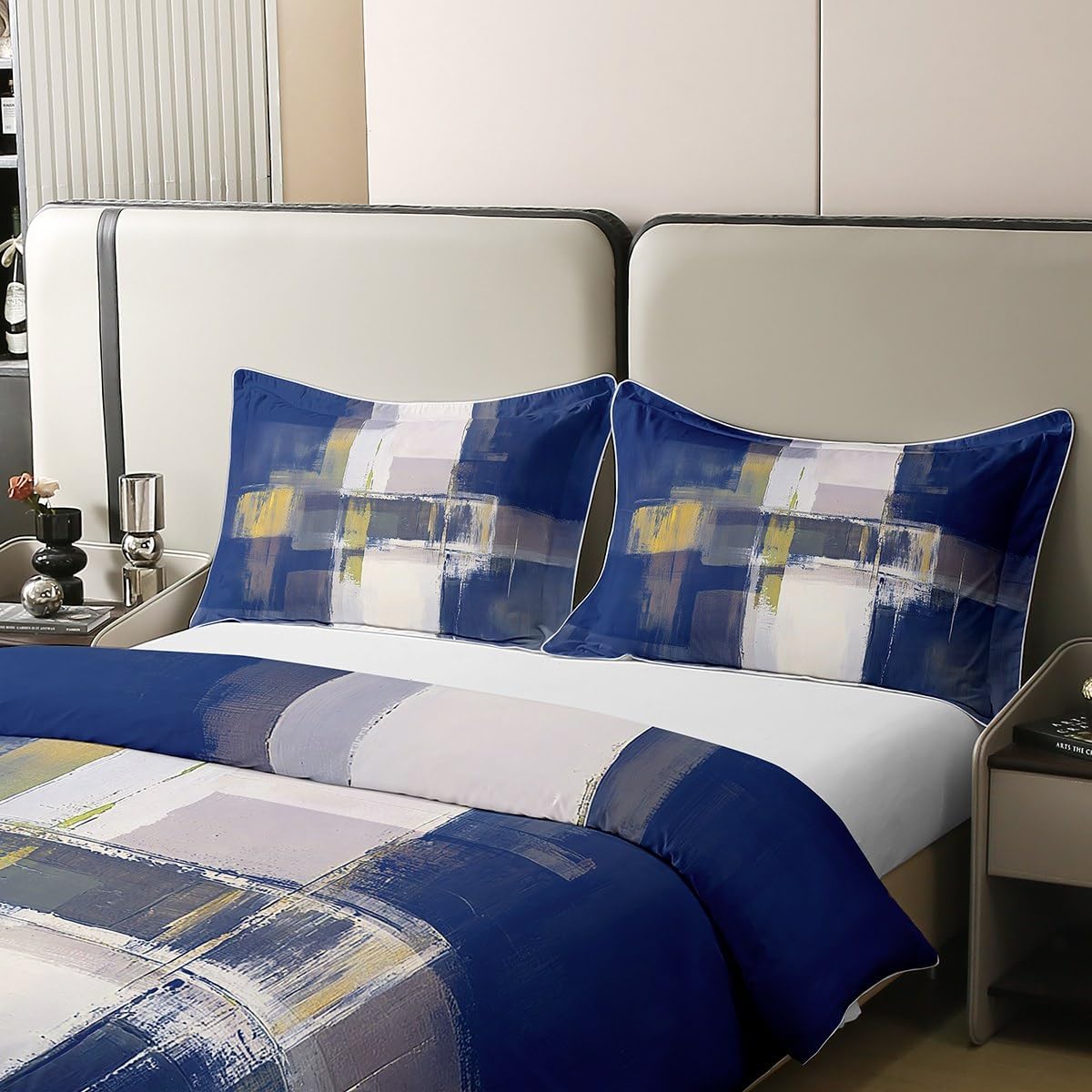 Blue and Beige Duvet Cover 100% Cotton Queen Size Abstract Bedding Set for Kids Boys Girls Decor Geometric Comforter Cover Breathable Soft Modern Bedroom Decor Bedclothes