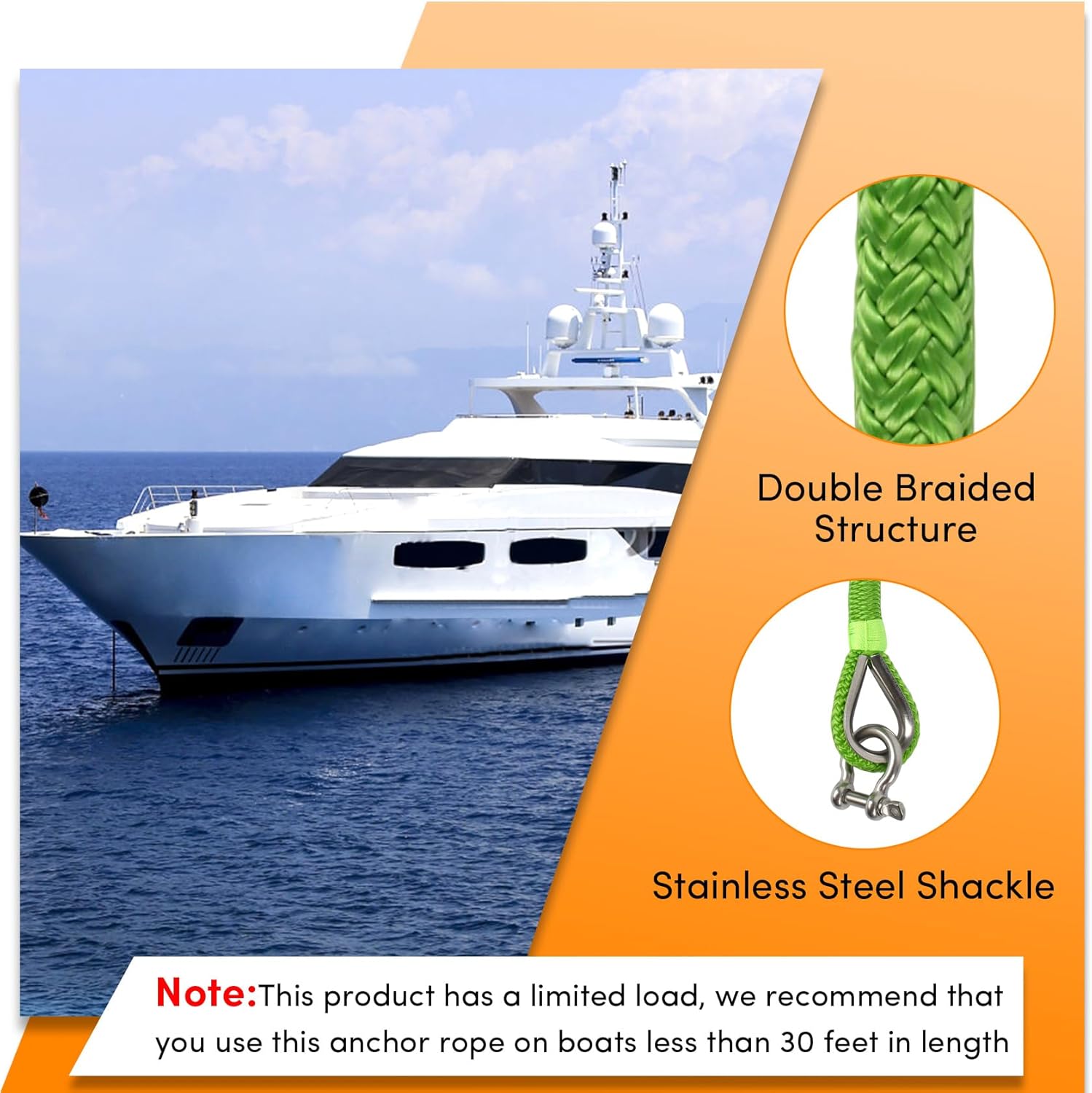 Anchor Rope 100 ft X 1/2 inch, Double Braided Anchor Line, Boat Rope with Stainless Steel Thimble and Shackle for Boating, Anchoring, Mooring, Pulling (Green)