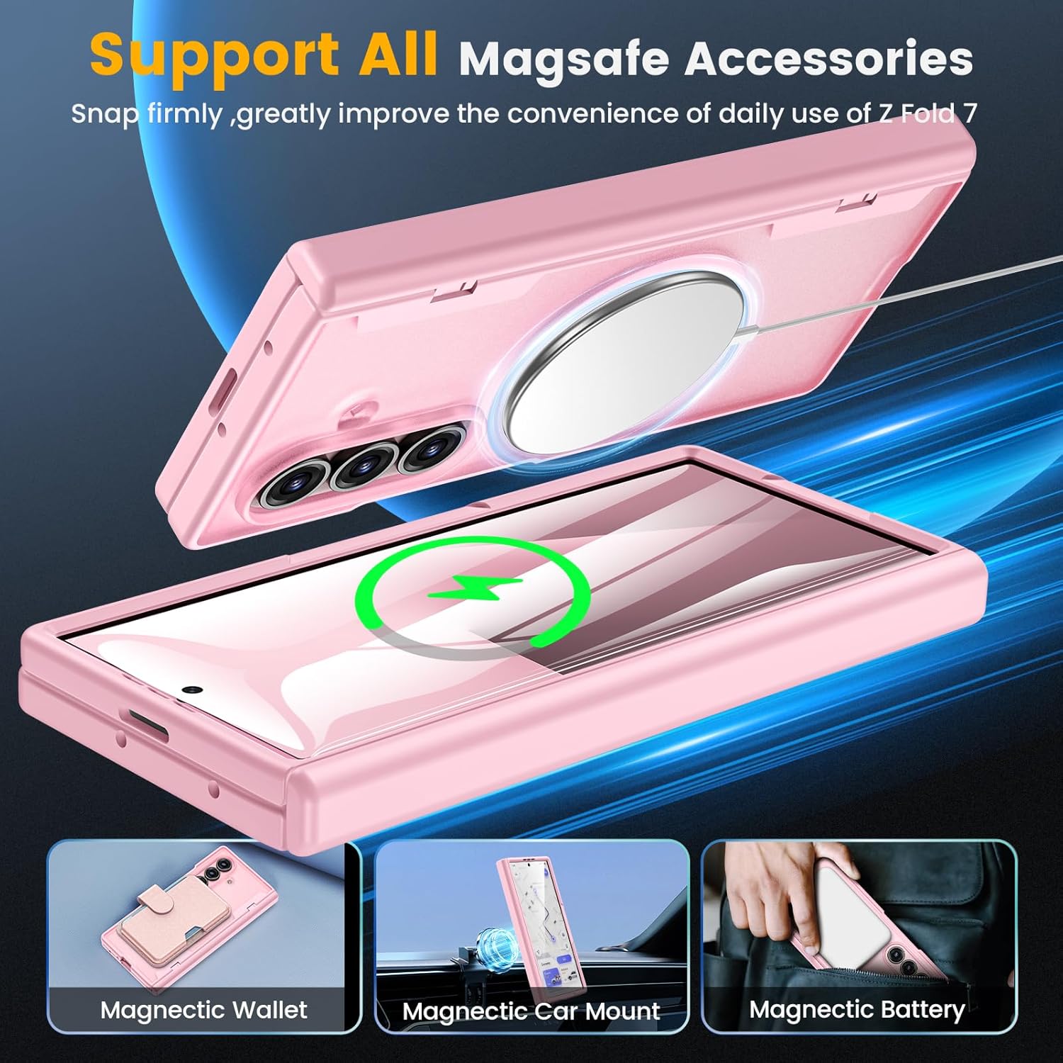 Caka [Upgrade for Samsung Galaxy Z Fold 7 Case [Compatible with MagSafe] [Hinge Protection] [Built-in HD Screen Protector] Translucent Hard Shockproof Magnet Phone Cover for Zfold 7 - Pink