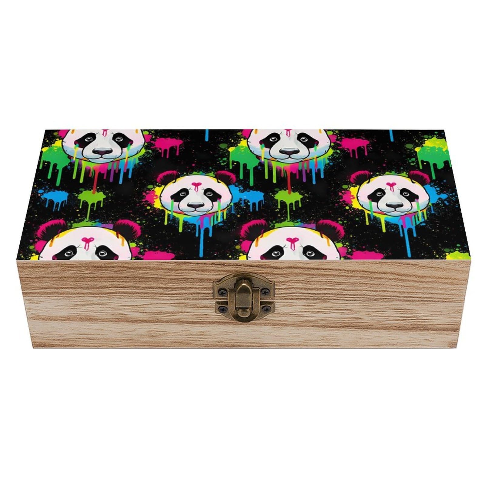 SMAZDFXX Splash Ink Panda Wooden Storage Box With Hinged Lid Decorative Front Clasp Keepsake Boxes