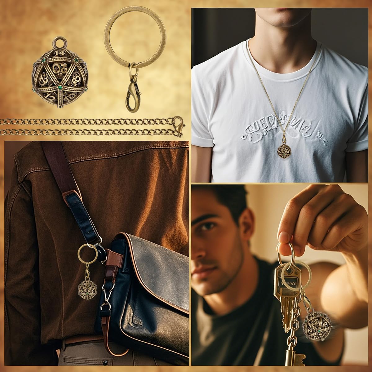 Mini DND Dice Set with Spherical Hollow D20 Metal Case Portable Keychain Necklace, Tiny 7pcs Polyhedral D&D Dice Set, DND Gifts with Gift Box, D&D Accessories for RPG（Green Diamond, Bronze）