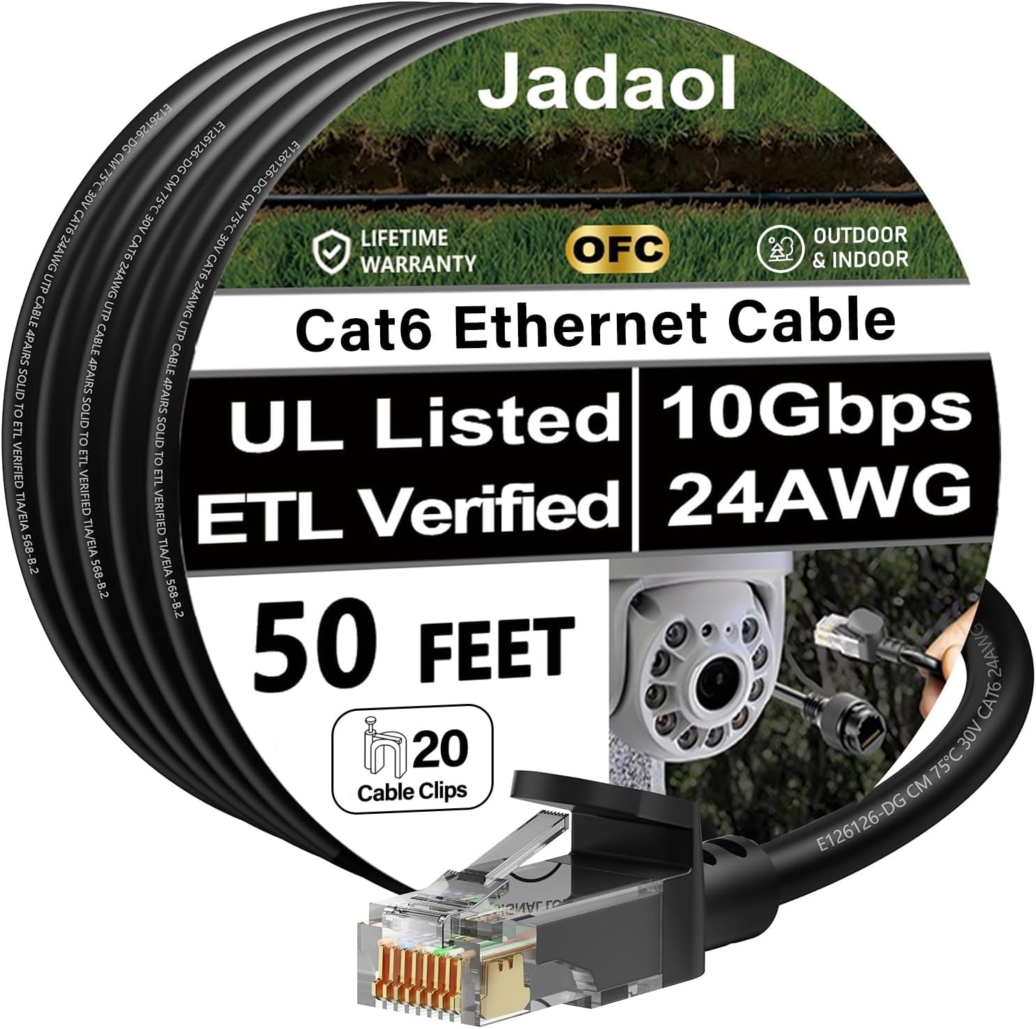 Jadaol [UL Listed] Cat6 Ethernet Cable 50ft with Clips, Outdoor&Indoor, 10Gbps 24AWG Pure Copper, Compatible with Cat8/Cat7(1ft 3ft 5ft 10ft 15ft 20ft 25ft 30ft 35ft 50ft 60ft 75ft 100ft 150ft 200ft)