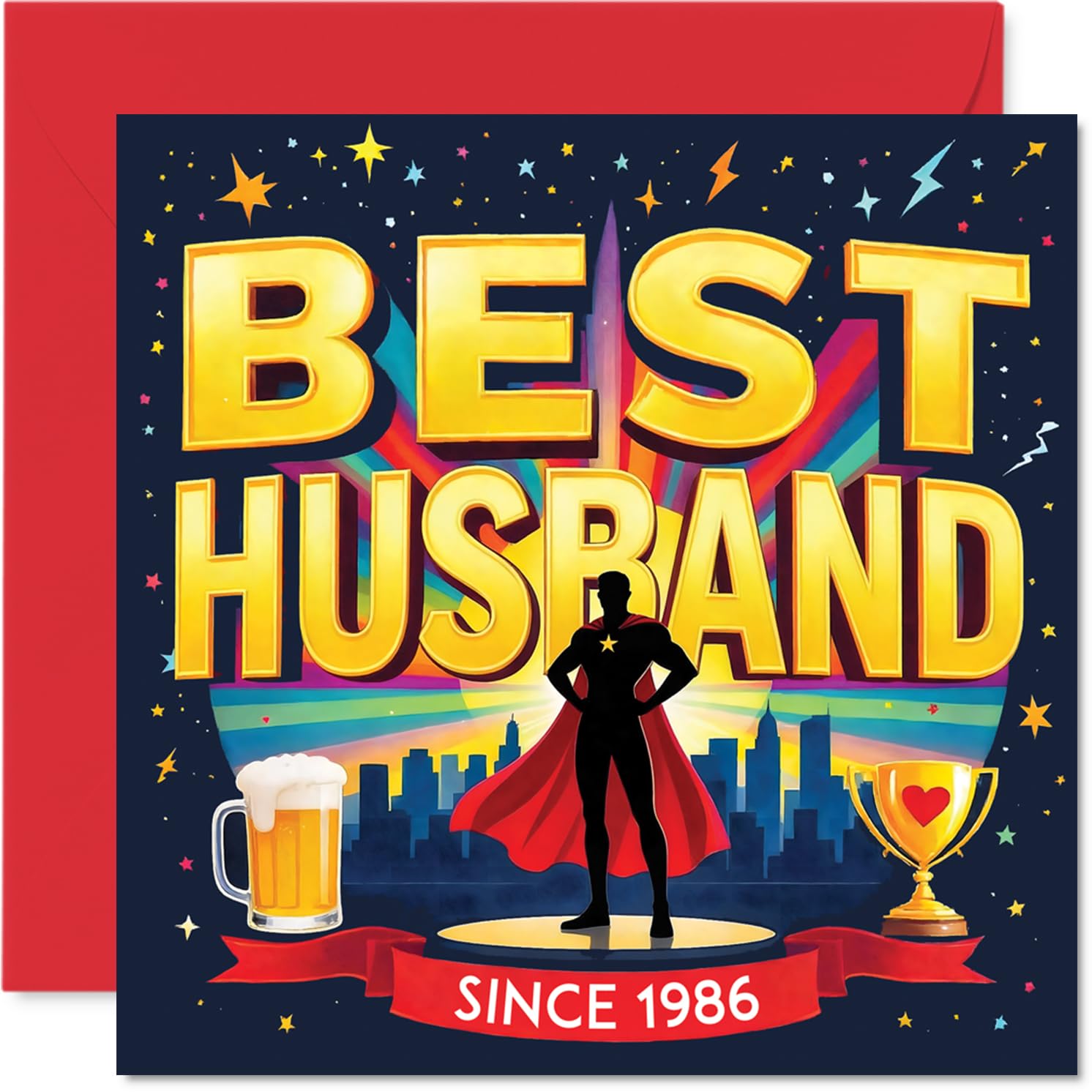 Playful 40th Anniversary Card - Superhero Vibes for a Top Bloke - Bold Silhouette and Celebratory Gold, Red and Blue Design - 145mm Square, Envelope Included