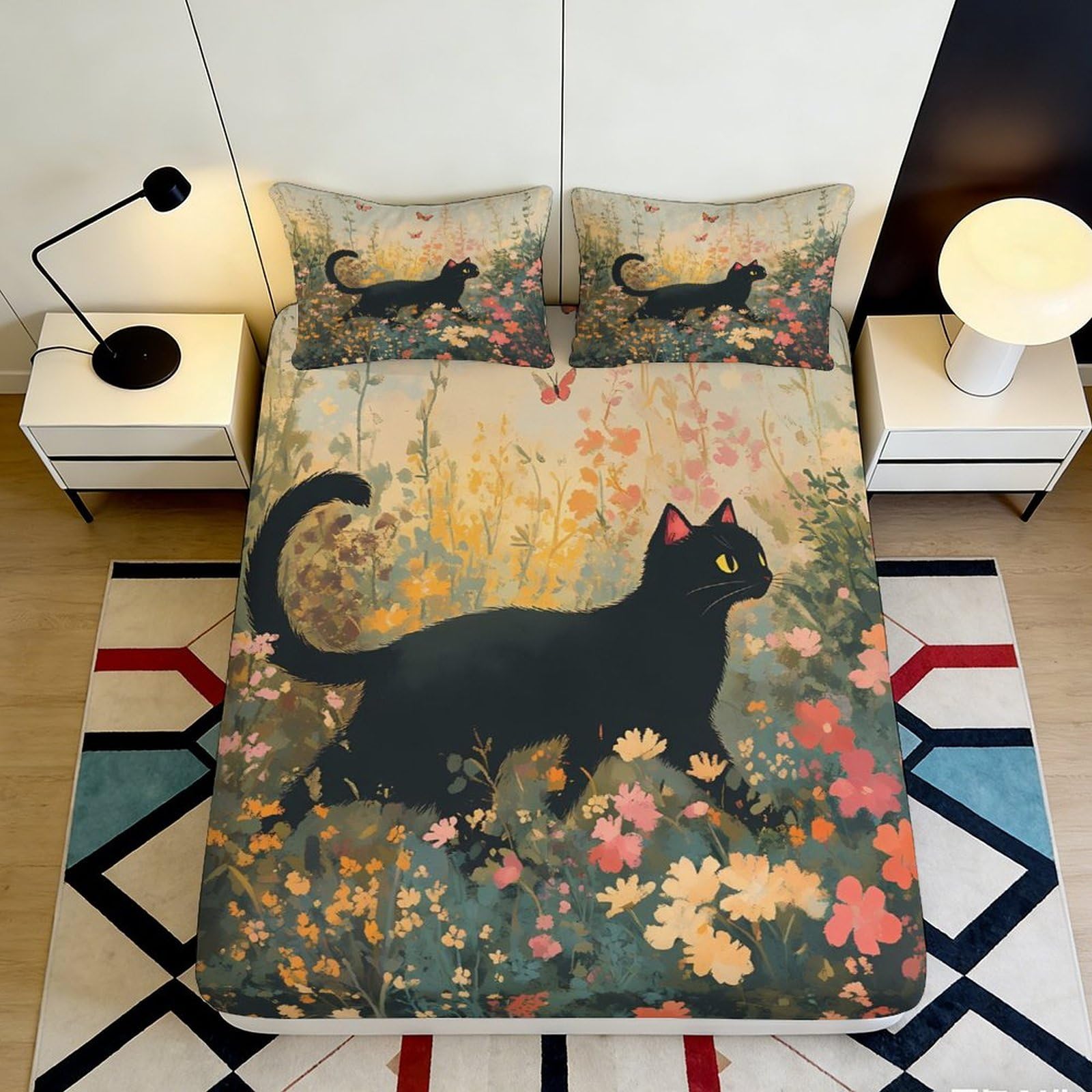 3D Printed Black Cat Flower Fitted Sheet Microfiber Slip-Resistant Bed Cover for Bedroom Guestroom Machine Washable 120x200x25cm