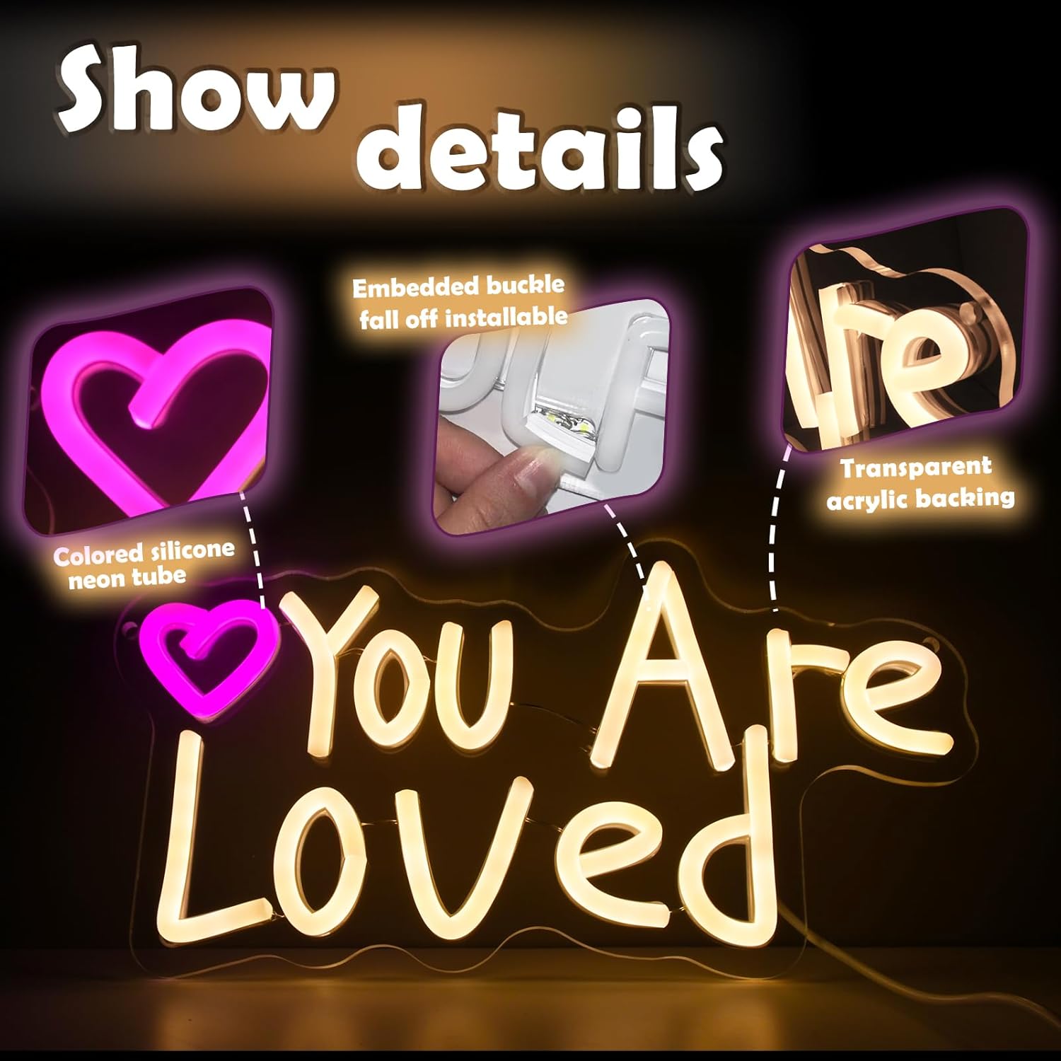 You Are Loved Neon Sign Today for Girl Party Motivational neon signWall Decor, Dimmable, USB Powered, Pink Heart Motivational Gift for Women - Image 5