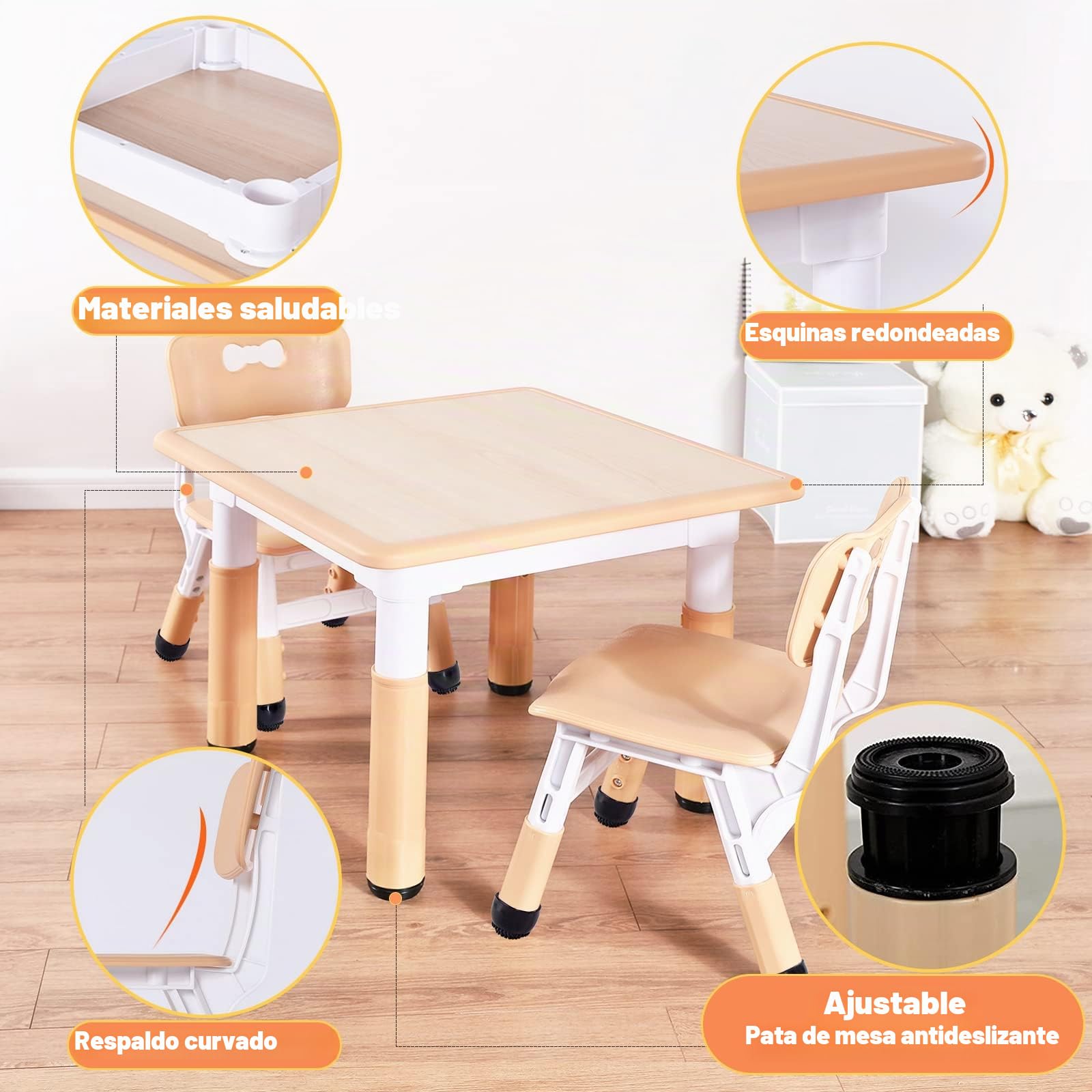 FUNLIO Mesa Infantil con 2 Sillas para Niños de 3 a 8 años, Mesa Niños Infantil de Altura Ajustable, Escritorio Niño Fácil de Limpiar, para Aulas/Hogares, Aprobado por CPC y CE (3 Piezas)