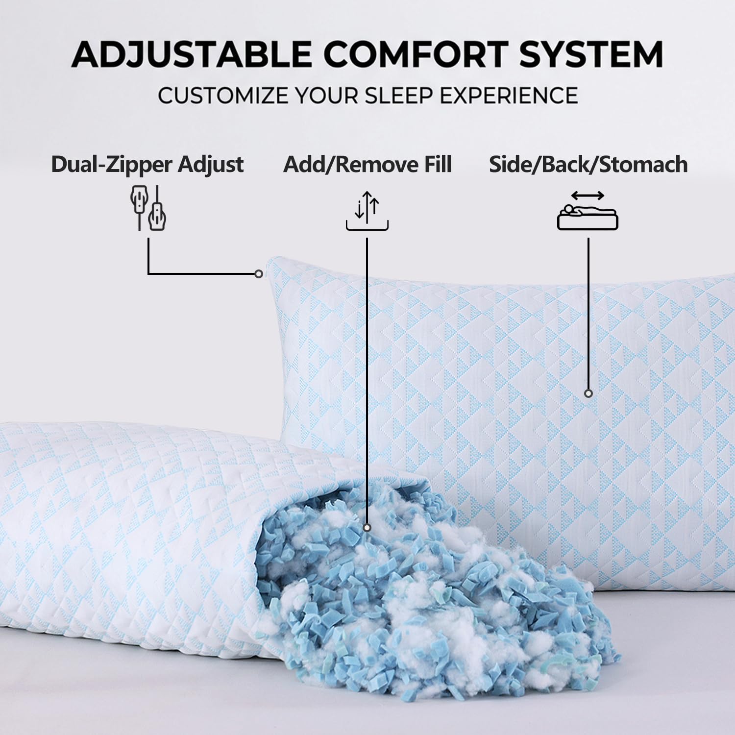 Meoflaw Adjustable Memory Foam Bed Pillows:Queen Size Shredded Foam Pillow Set of 2 for Sleeping with Removable & Washable Pillowcase for Back,Side & Stomach Sleeper-Medium Firm in use