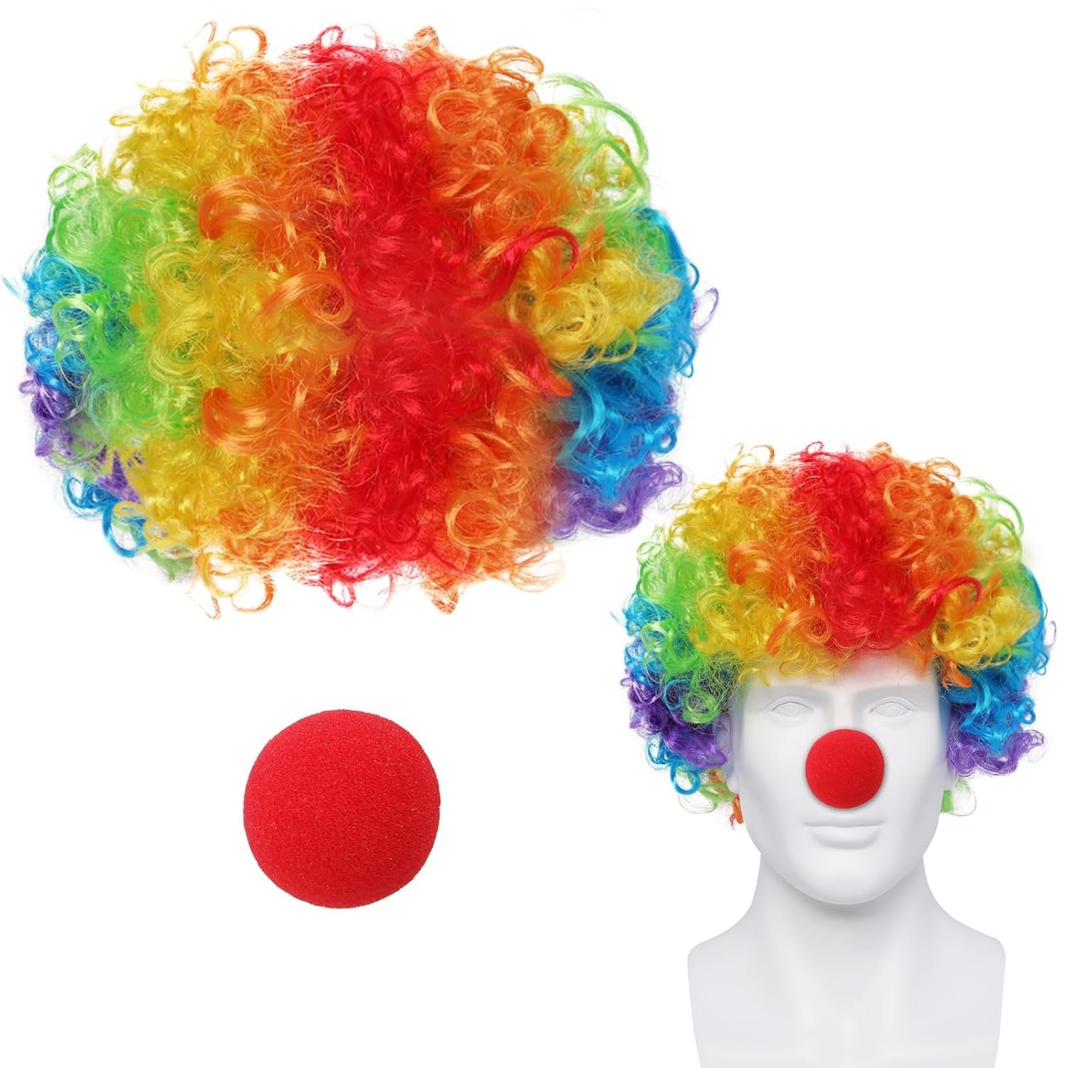 Rainbow Afro Clown Wig with Red Foam Nose, Curly Multicolor Costume Wig, Joker Nose Unisex Funky Hair Wig For Kids & Adults Holi Party Accessories Halloween Funny Wigs For Party Dress Up Accessory