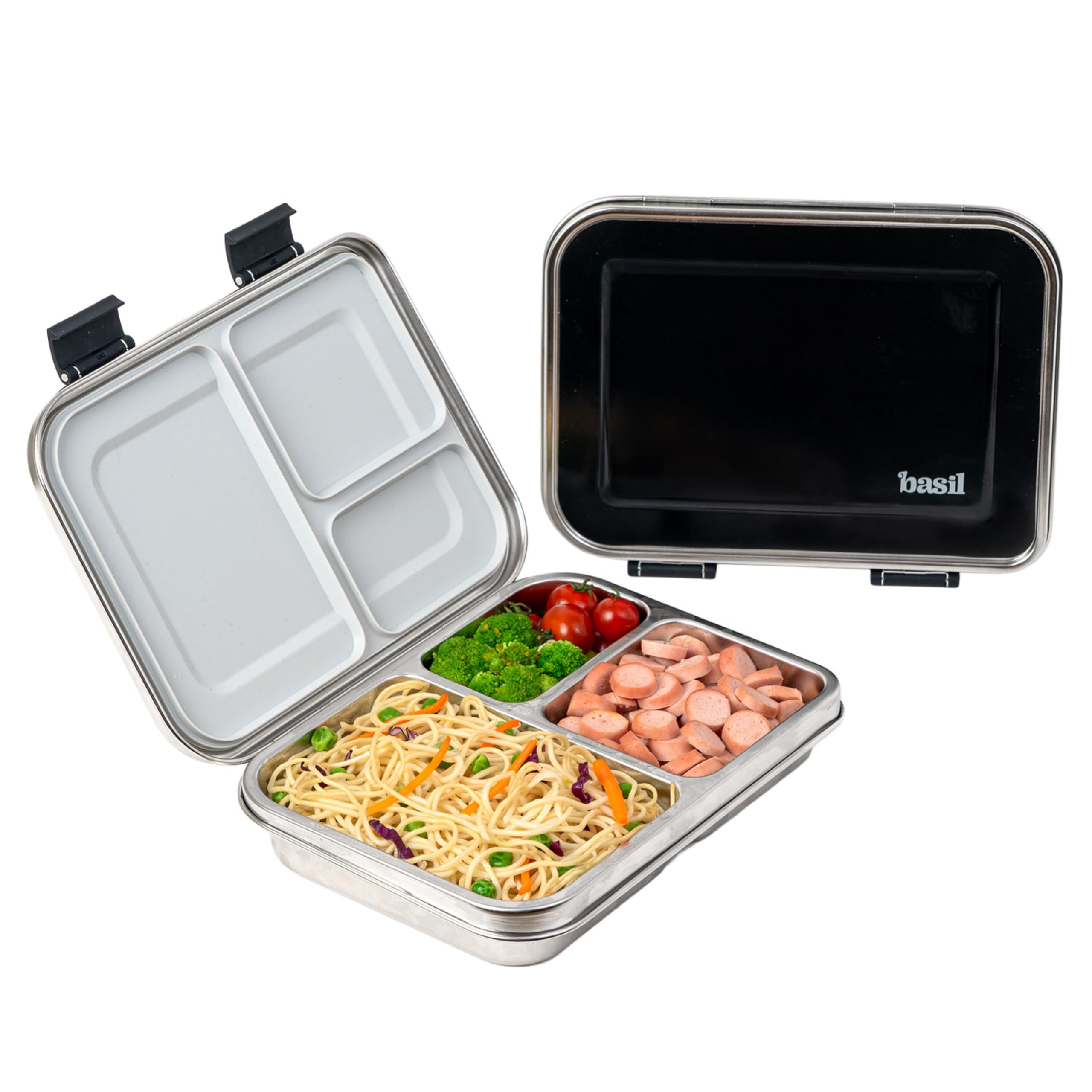 Basil Bento Neo Classic 2025 – New & Improved, 1000ml 3-Compartment Stainless Steel Lunch Box for Adults, Teens & Kids | Leak-Proof & Easy to Open Tiffin for Office, School, College - Black