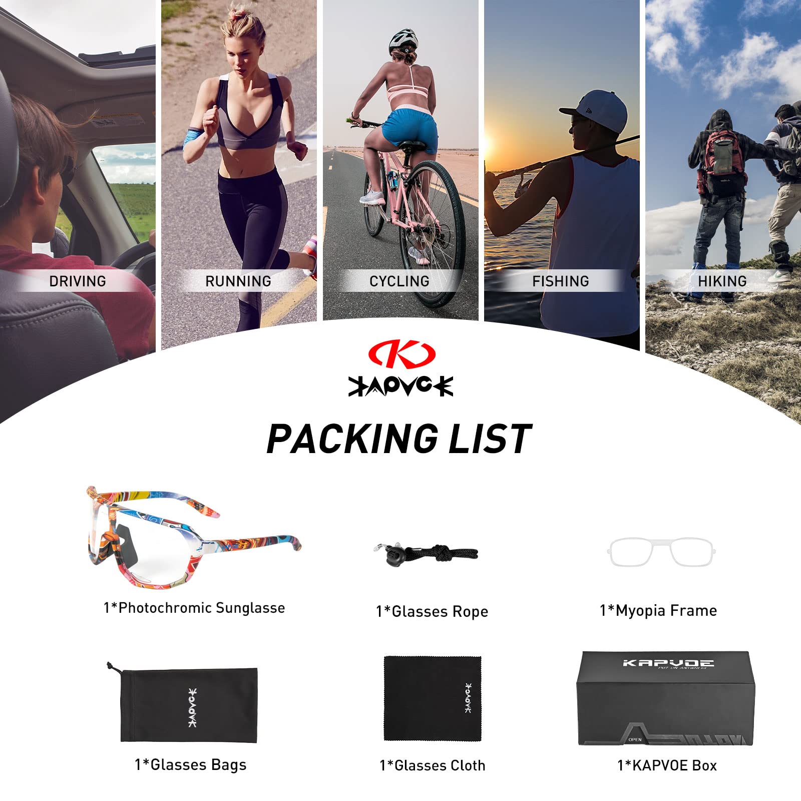 KAPVOE Gafas de Ciclismo Fotocromáticas K63 | Lente fotocromática UV400, ventilación integrada, montura TR90 ligera y ajuste estable para ciclismo y MTB
