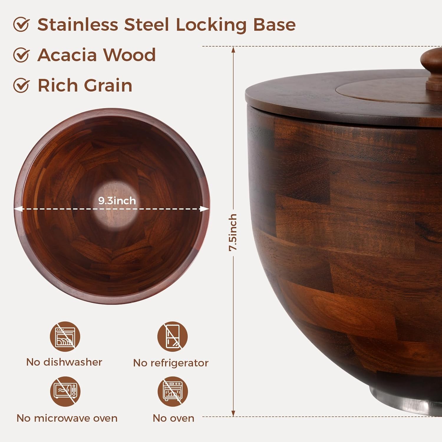 Wood Mixing Bowl Compatible with 4.5-5 Qt Tilt-Head Stand Mixers with Lid Cover - Natural True Acacia Wooden Bowls, 5 Qt Kitchen Aid Bowls for Mixer with Stainless Steel Locking Base.