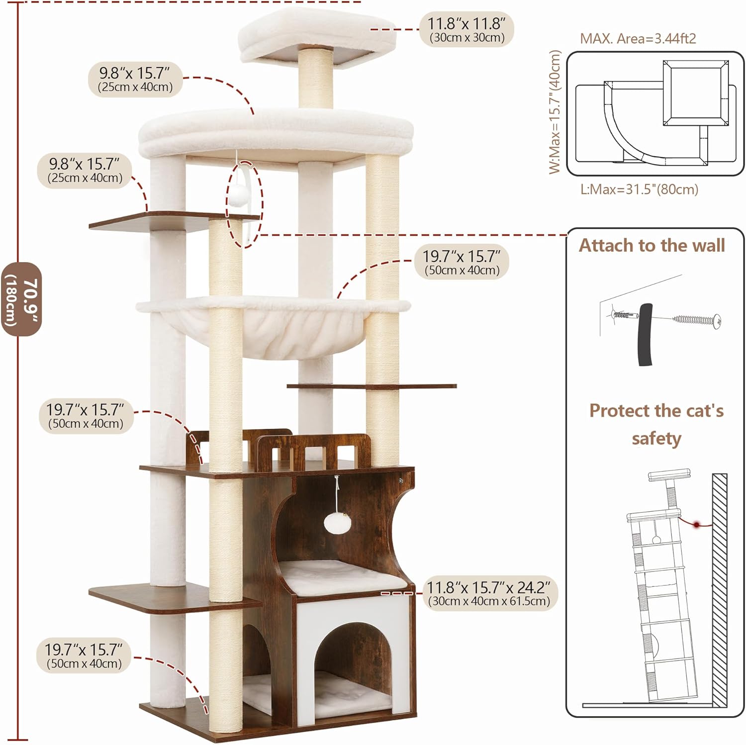 Cat Tree, 70.9 Inch Wood Cat Tower for Large Cats Adult, Modern Cat Furniture with Double-Layer Wooden Cat Condo, 2 Platforms, Large Hammock and Scratching Posts, Rustic Brown GCT102SR