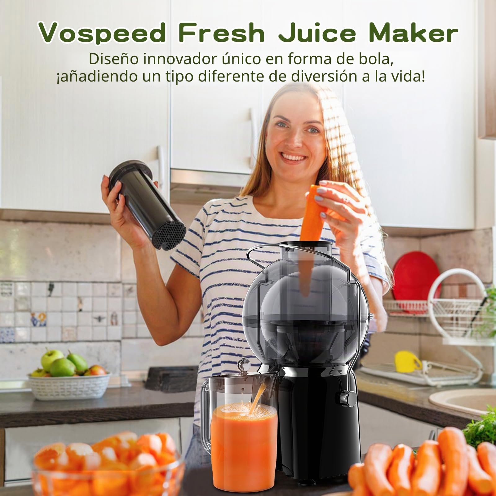 Extractor de zumo Vospeed, exprimidor de frutas y verduras de 1400 vatios con conducto de alimentación de boca ancha de 3,5 pulgadas con vaso de zumo de 1,2 litros, sin BPA, fácil de limpiar(negro)