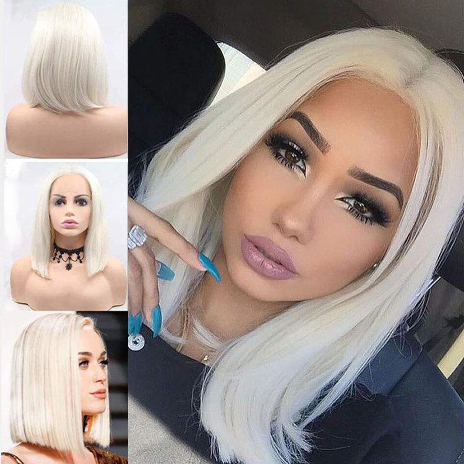 Platinum Blonde Wig Short Lace Front Bob Wigs for Black Women Realistic White Straight Shoulder Length Pre Plucked Natural Hairline Glueless Synthetic Heat Resistant Fiber Hair 14Inch Lace Wig