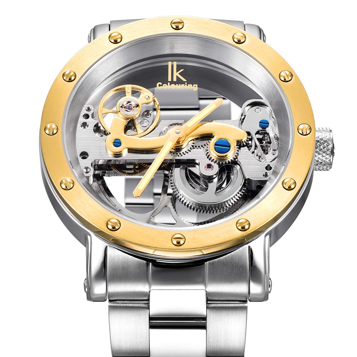 Alienwork IK Automatikuhr Armbanduhr Herren Damen Silber Edelstahl Metallarmband Skelett Glasboden