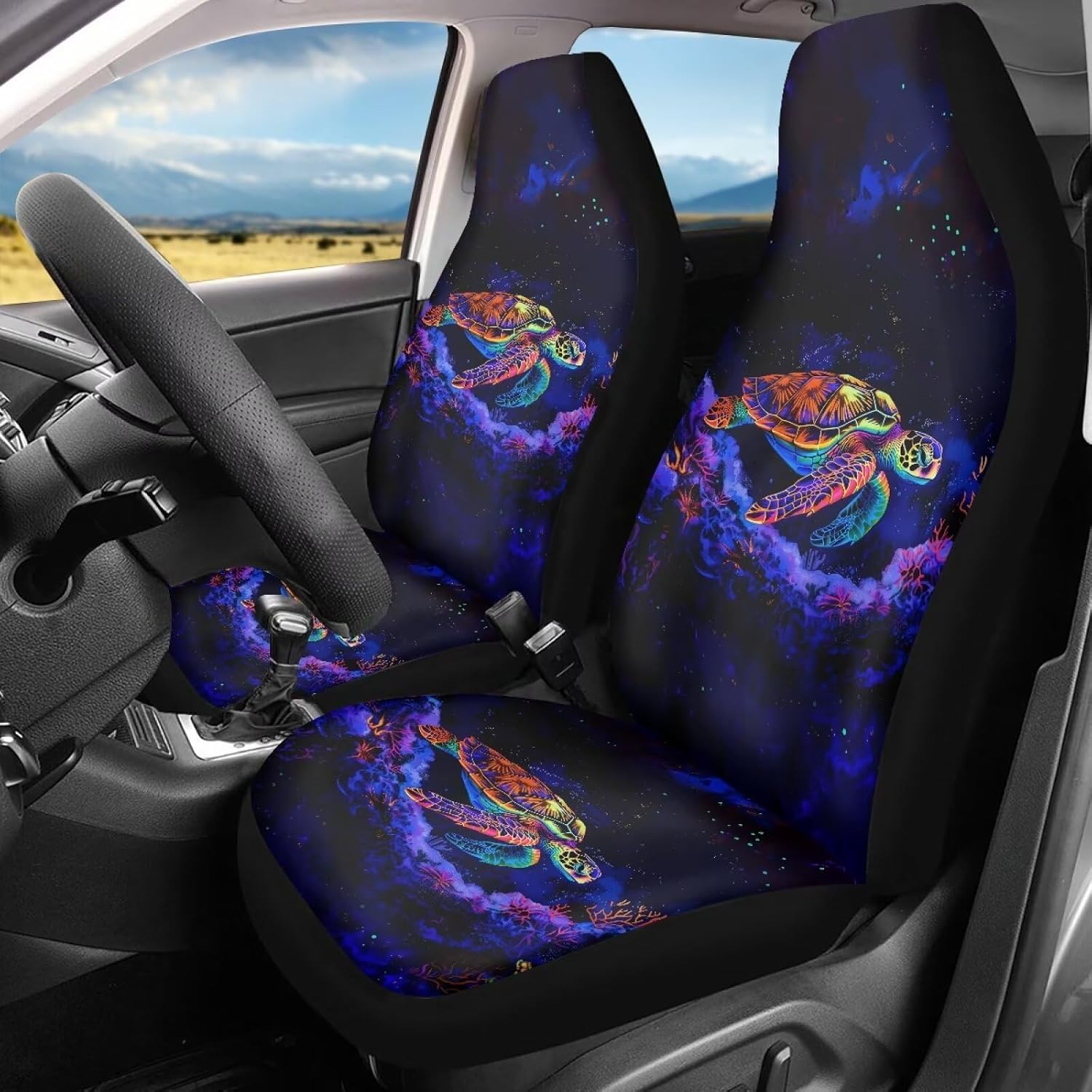 HUGS IDEA Blue Owl Print Front Car Seat Covers Set Universal Fit Bucket Seat Protector Auto Interior Accessories for Cars SUVs Trucks Vans