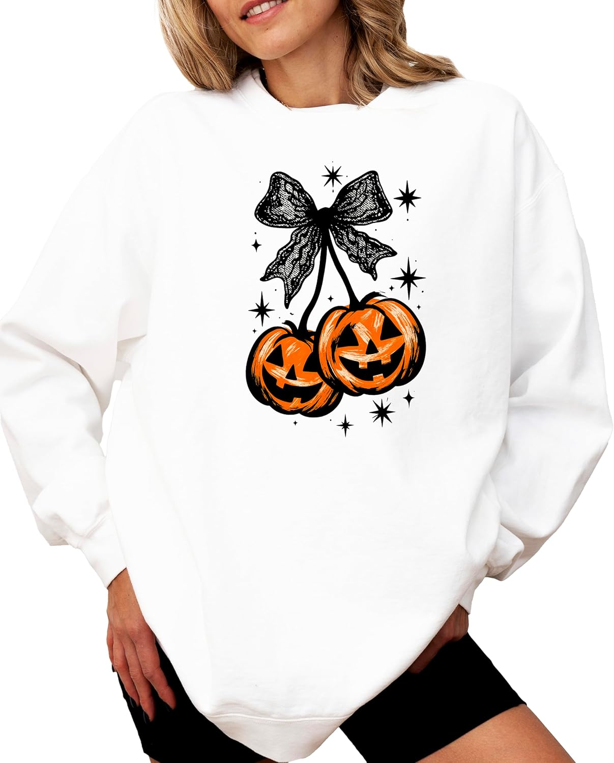Olive Loves Apple Halloween Sweatshirt for Women, Teens and Kids Jack-O-Lantern Pumpkin & Black Bow Sweater