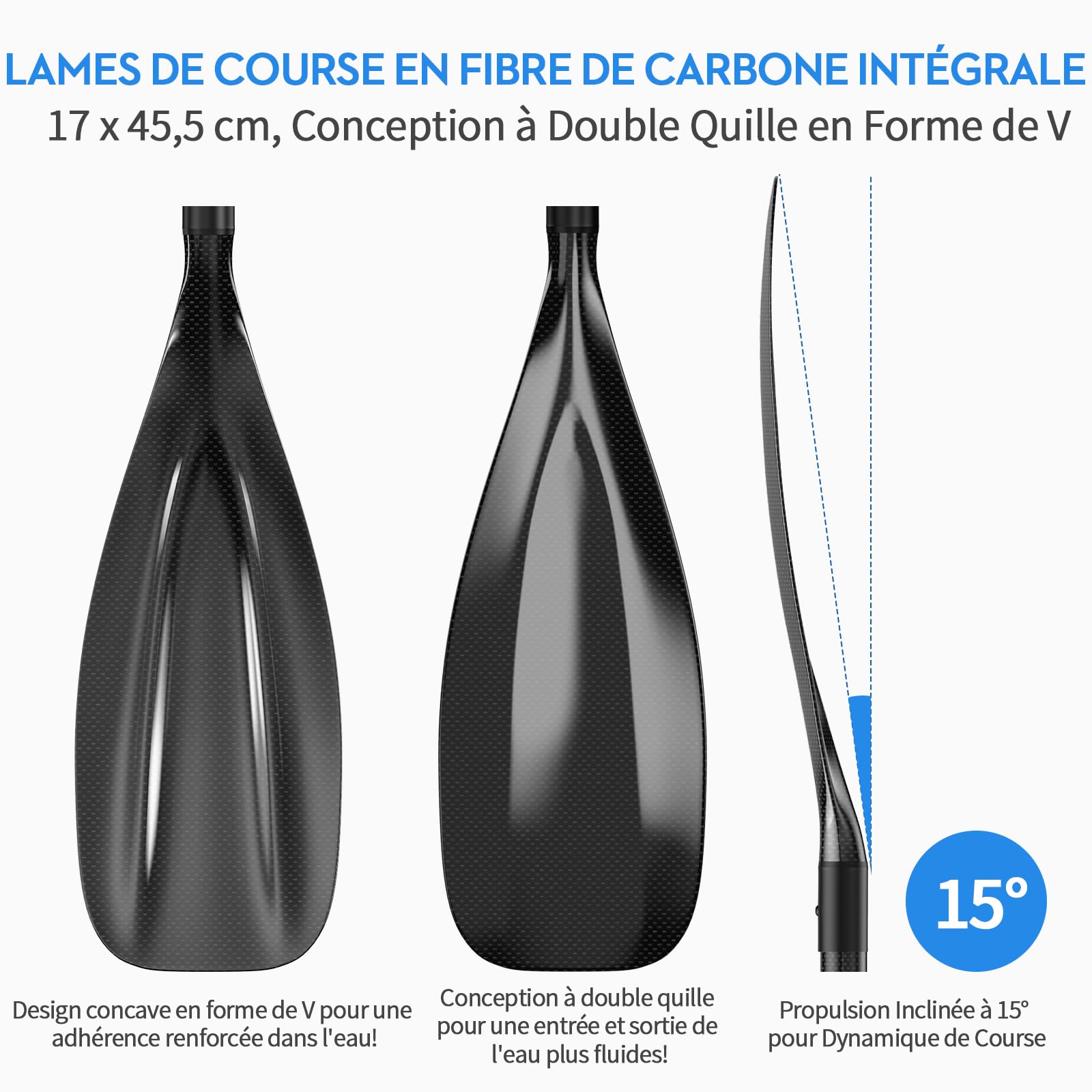 FOWAWU Semi-Carbone/Carbone Rame Pagaie, Pagaie 3 pièces pour Sup Planche à pagaie Debout - pour Planche Gonflable - Léger & Résistant (Taille 160–210 cm)
