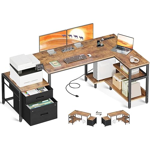 Casaottima L Shaped Desk with Drawers & File Cabinet, 55 Inch Computer Desk with Storage Shelves & CPU Stand, Corner Desk with Power Outlets, Reversible L Desk for Home Office, Rustic Brown