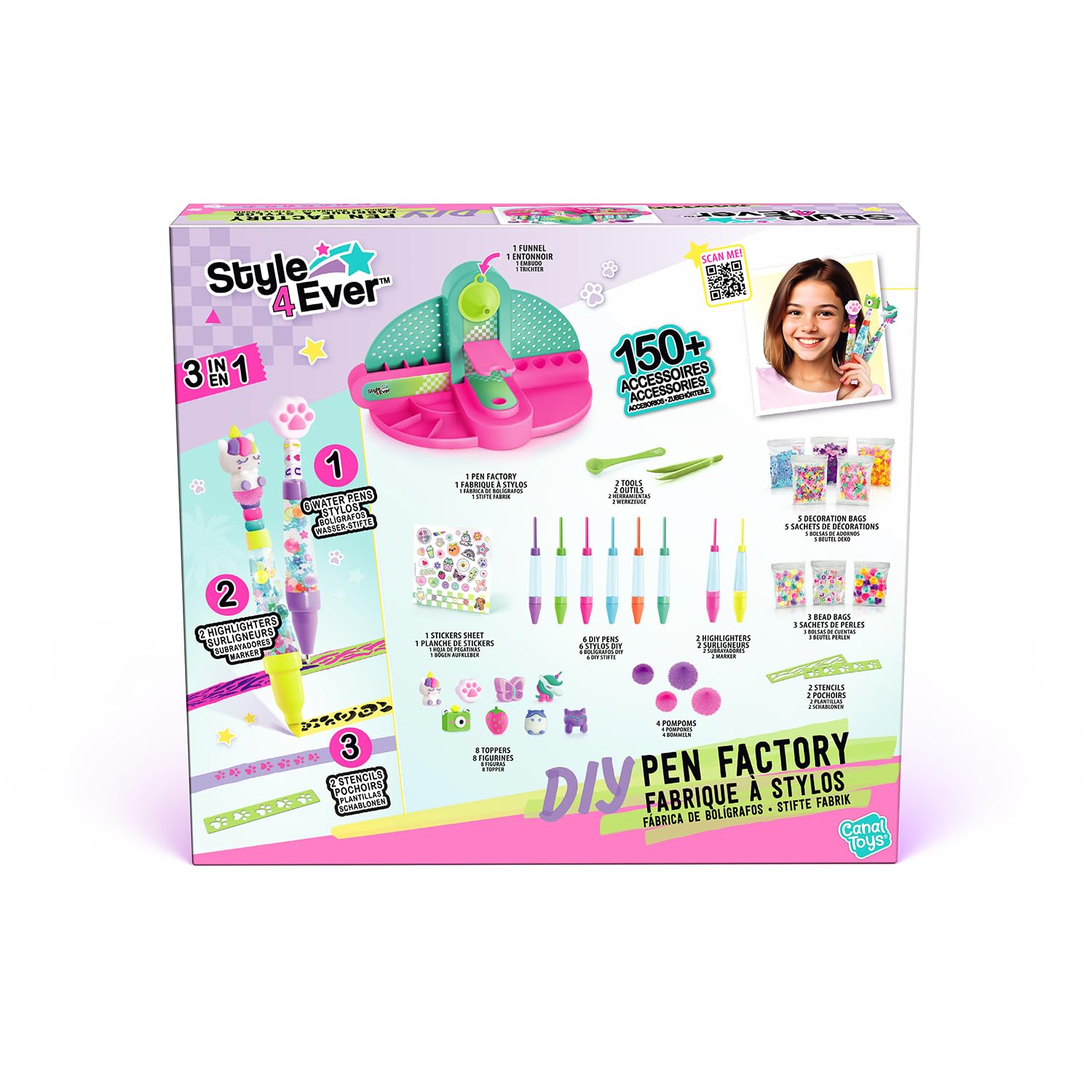 Canal Toys - Style 4 Ever DIY Pen Factory – Kit Creativo per Creare Penne ed Evidenziatori – 6 Penne + 2 Highlighter – 150+ Accessori, Perline, Glitter, Sticker – Set Cancelleria Bambini 6+ OFG 306