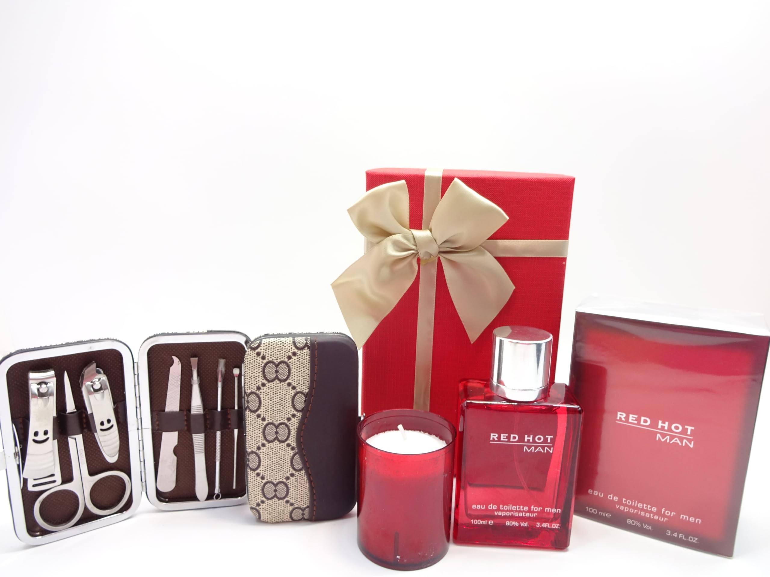 Set regalo di lusso per lui, Red Hot Man 100 ml EDT per lui, kit di 6 strumenti per manicure, set regalo con candela profumata